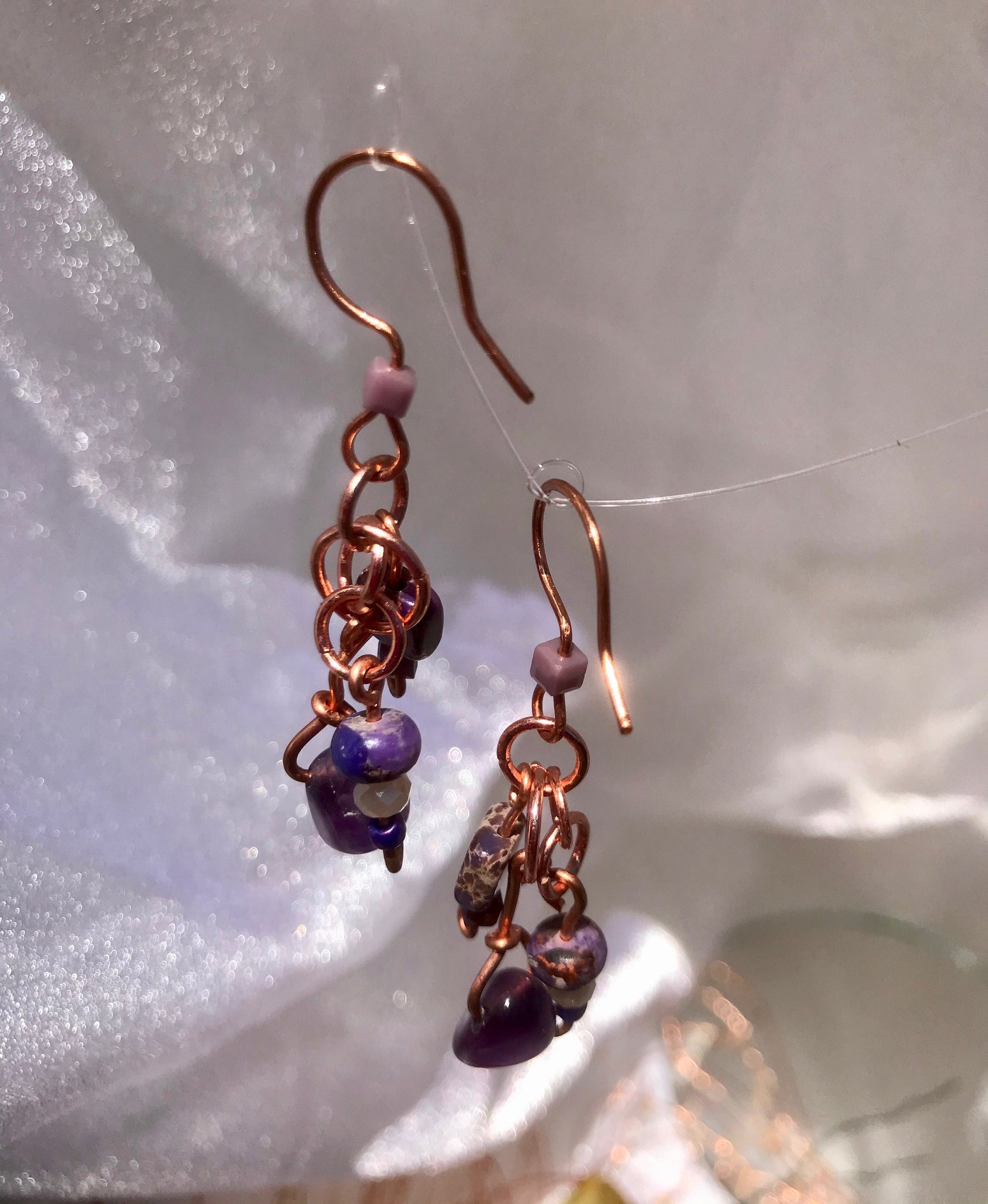 Amethyst, Jasper, Copper, Semi-precious stone, Purple, Handcrafted, French Wire, February Birthstone, Gift, Faceted Glass, Handmade, Bead