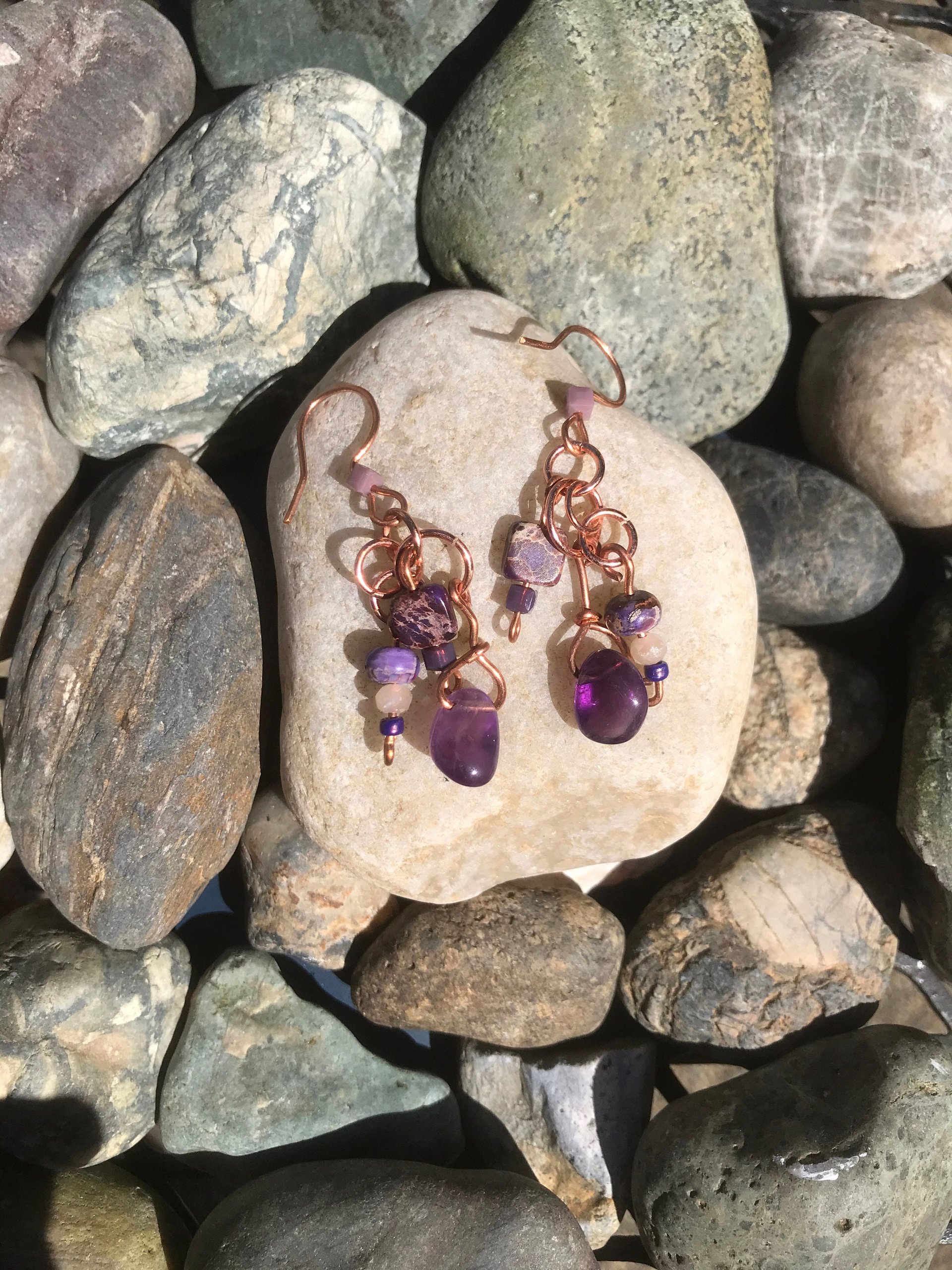 Amethyst, Jasper, Copper, Semi-precious stone, Purple, Handcrafted, French Wire, February Birthstone, Gift, Faceted Glass, Handmade, Bead