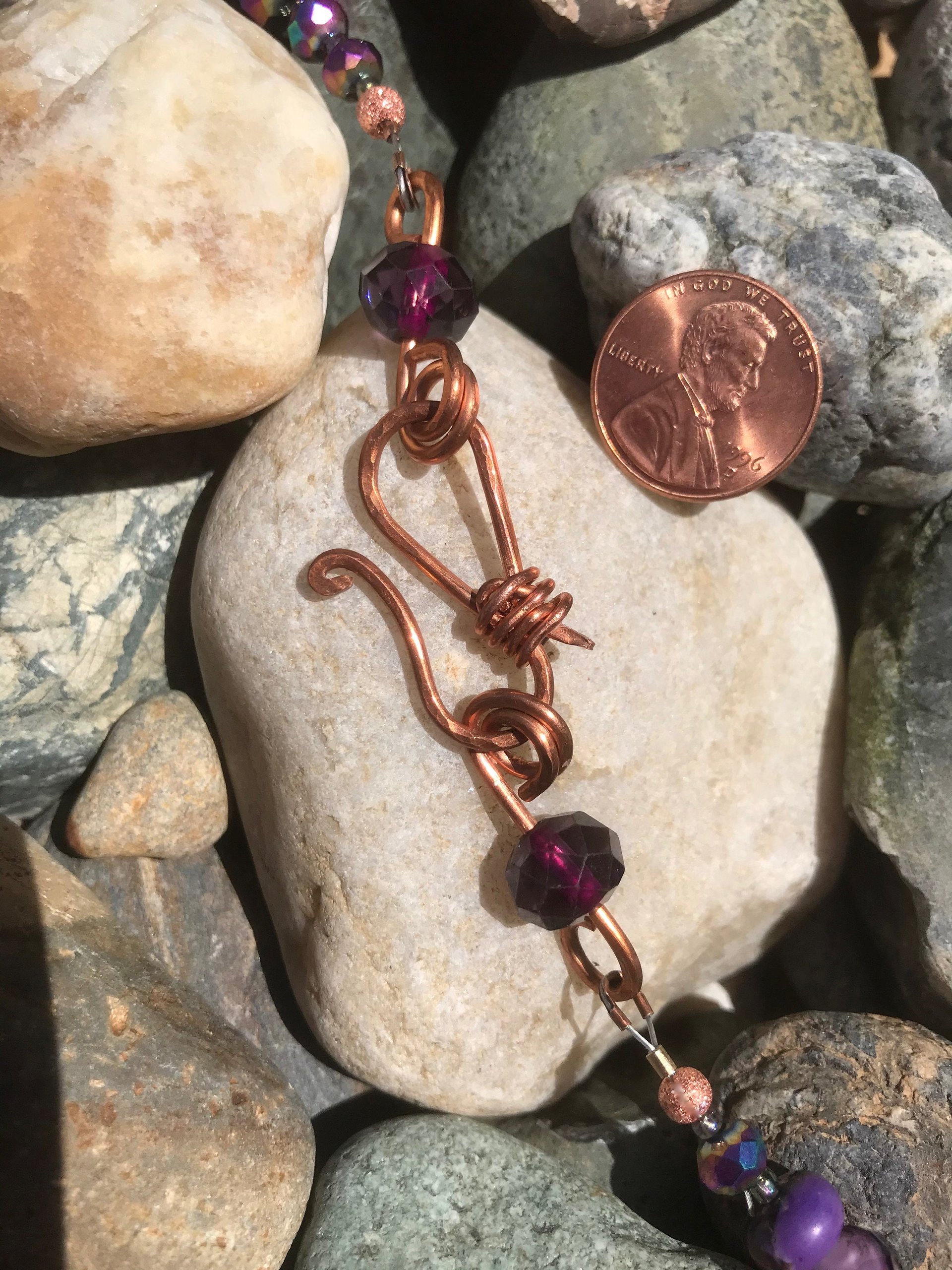 Imperial Jasper, Copper, Iridescent Glass Bead, Purple, Faceted Glass, Magenta, Handcrafted, Asymmetrical, Gift, Birthday Present, Hammered