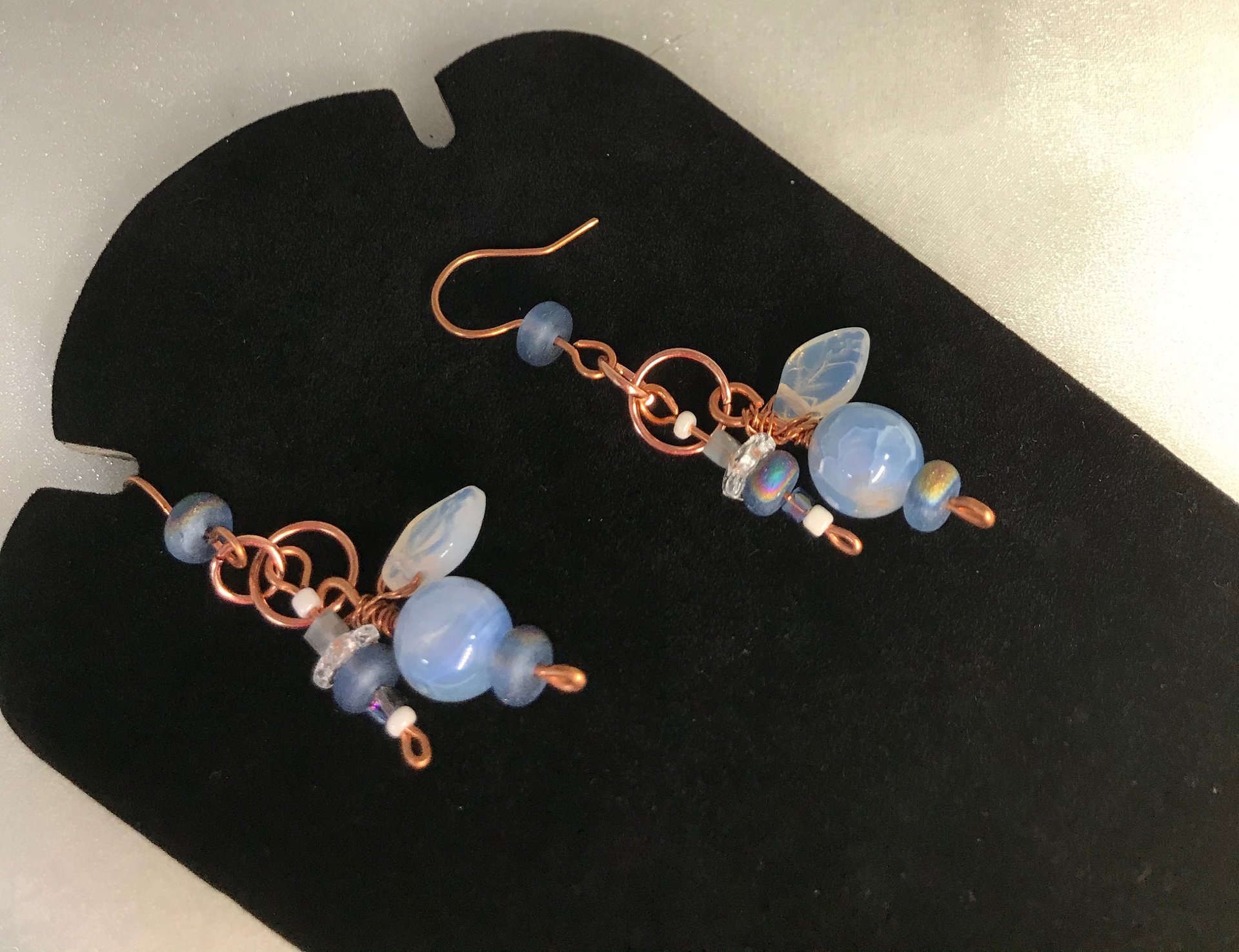 Crackle Fire Agate, Blue Shades, Copper French Hook, Faceted Glass, Pressed Glass Leaf, Beads, Gift, Dangle, Birthday Present, Unique, Fun