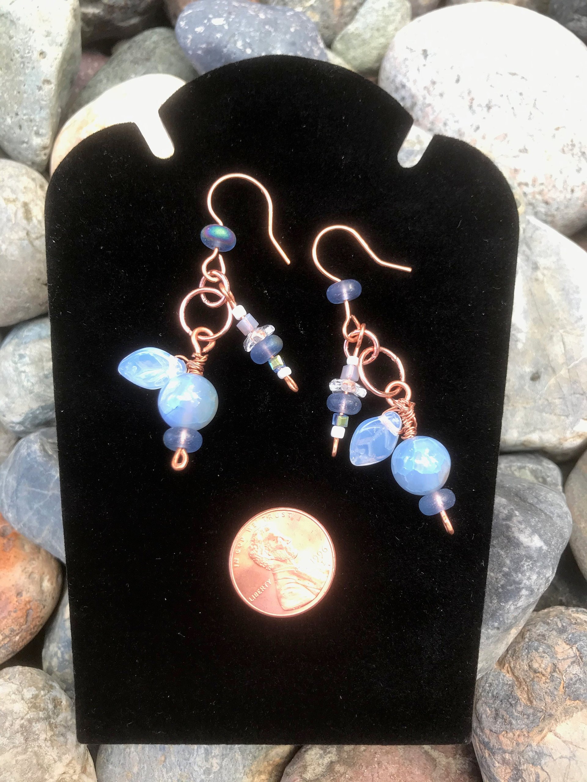 Crackle Fire Agate, Blue Shades, Copper French Hook, Faceted Glass, Pressed Glass Leaf, Beads, Gift, Dangle, Birthday Present, Unique, Fun