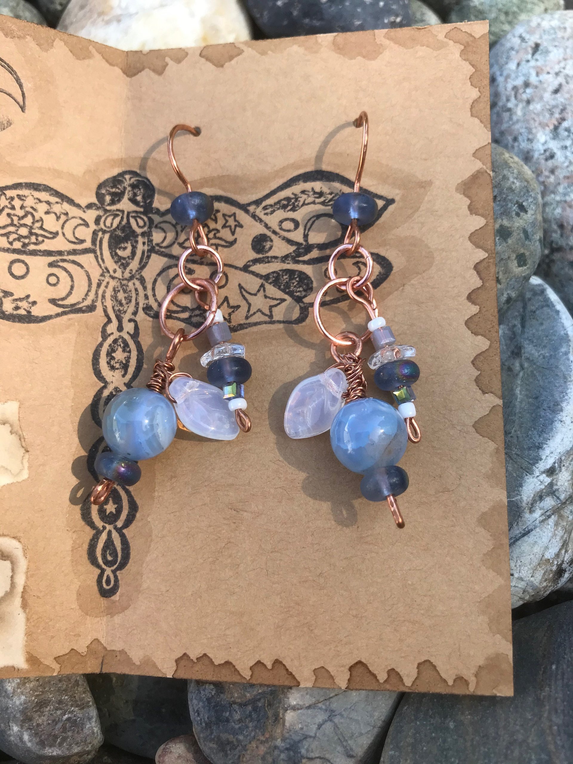 Crackle Fire Agate, Blue Shades, Copper French Hook, Faceted Glass, Pressed Glass Leaf, Beads, Gift, Dangle, Birthday Present, Unique, Fun