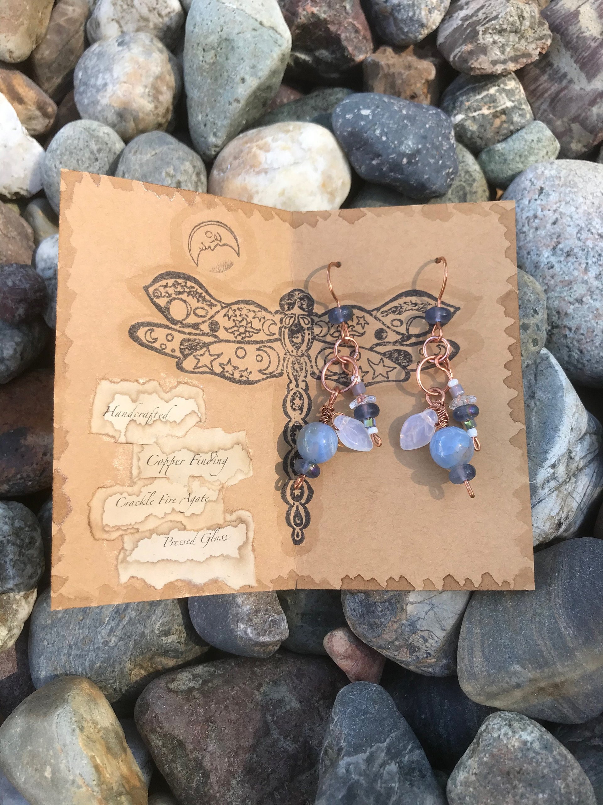 Crackle Fire Agate, Blue Shades, Copper French Hook, Faceted Glass, Pressed Glass Leaf, Beads, Gift, Dangle, Birthday Present, Unique, Fun