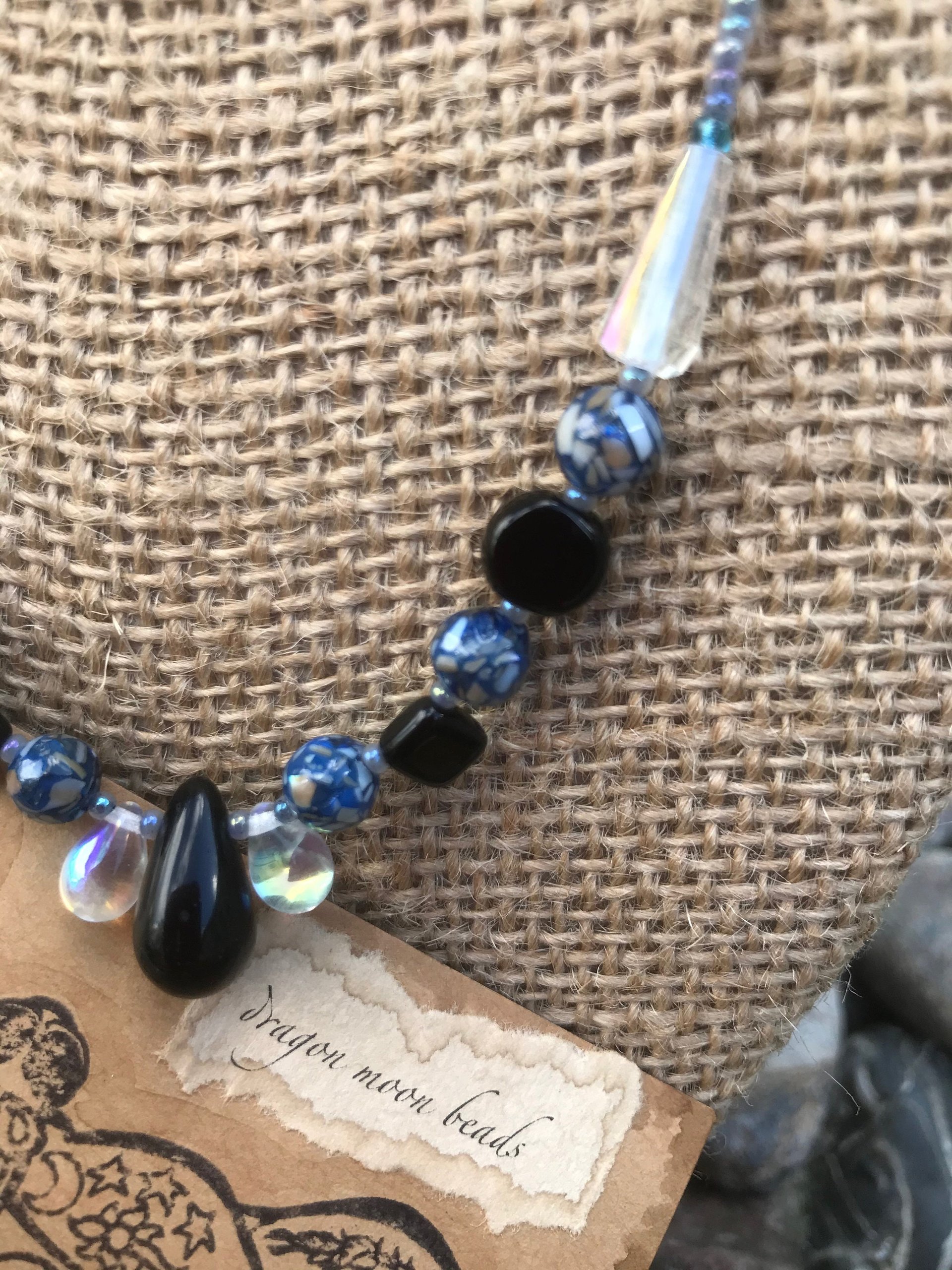 Crystal beads, Shell, Black Teardrop, Glass Teardrop, Black and Blues, Iridescent, Handmade, Gift, Birthday Present, Handcrafted, Necklace
