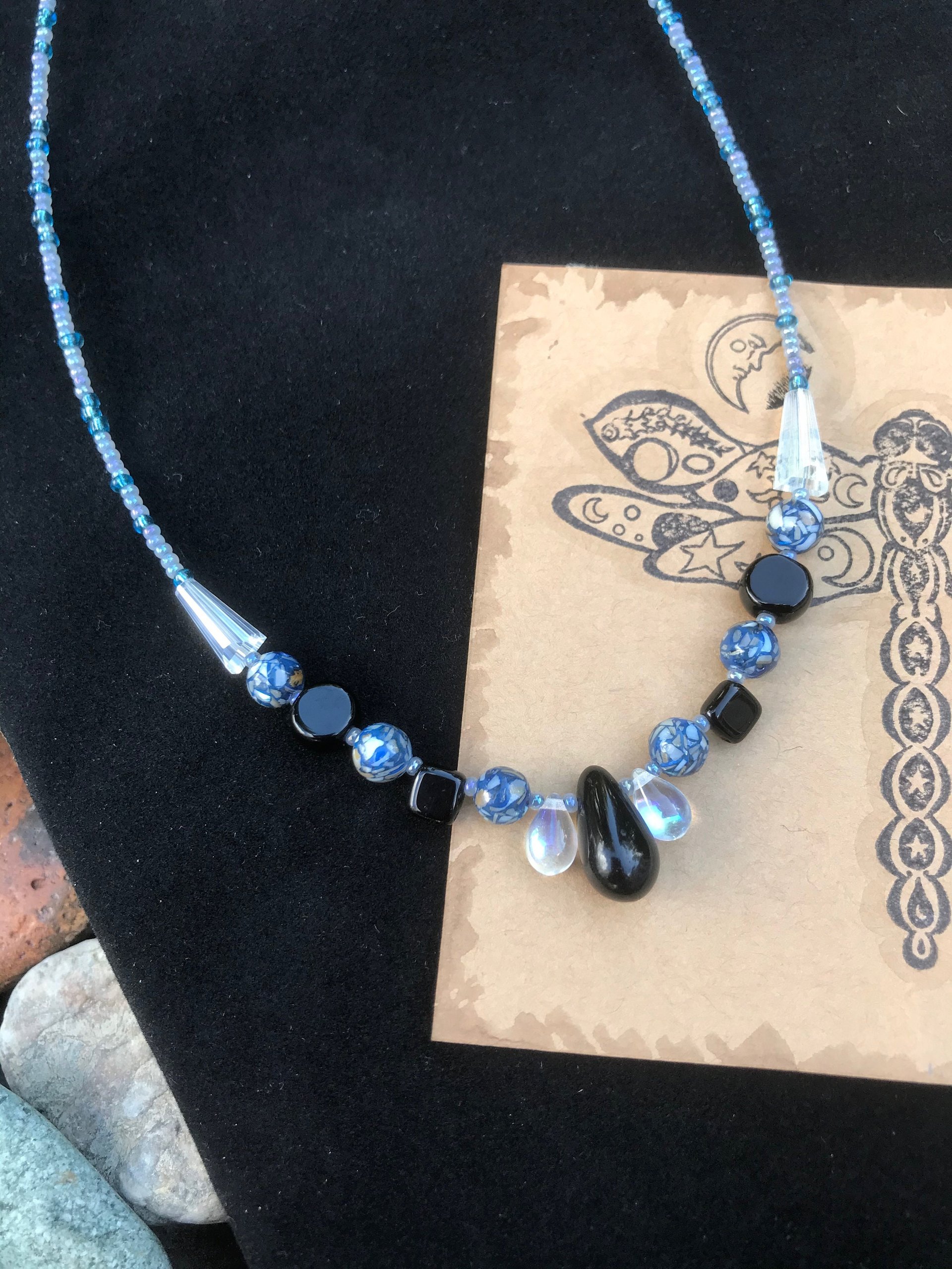 Crystal beads, Shell, Black Teardrop, Glass Teardrop, Black and Blues, Iridescent, Handmade, Gift, Birthday Present, Handcrafted, Necklace