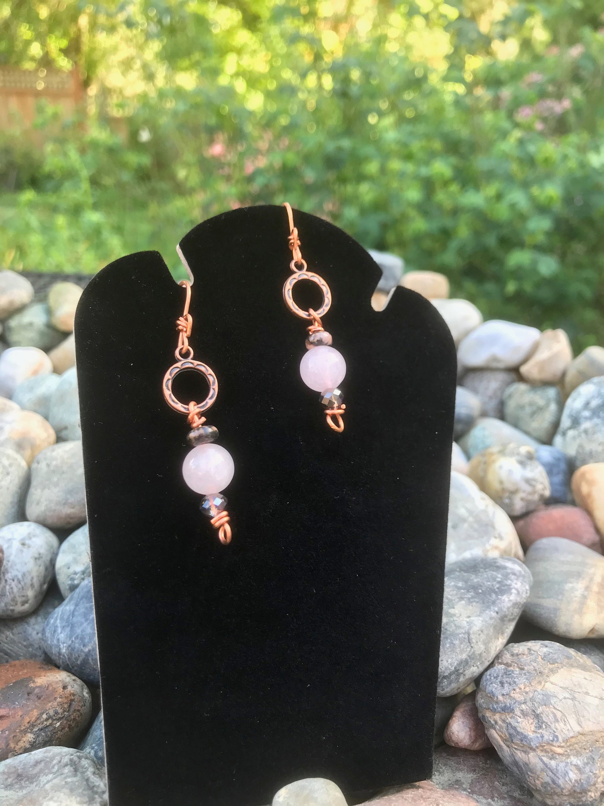 Rose Quartz, Rhodonite, Faceted Glass, Handmade, Copper French Ear Wire, Earrings, Pink, Dangle, Beads, Copper, Smokey Gray,