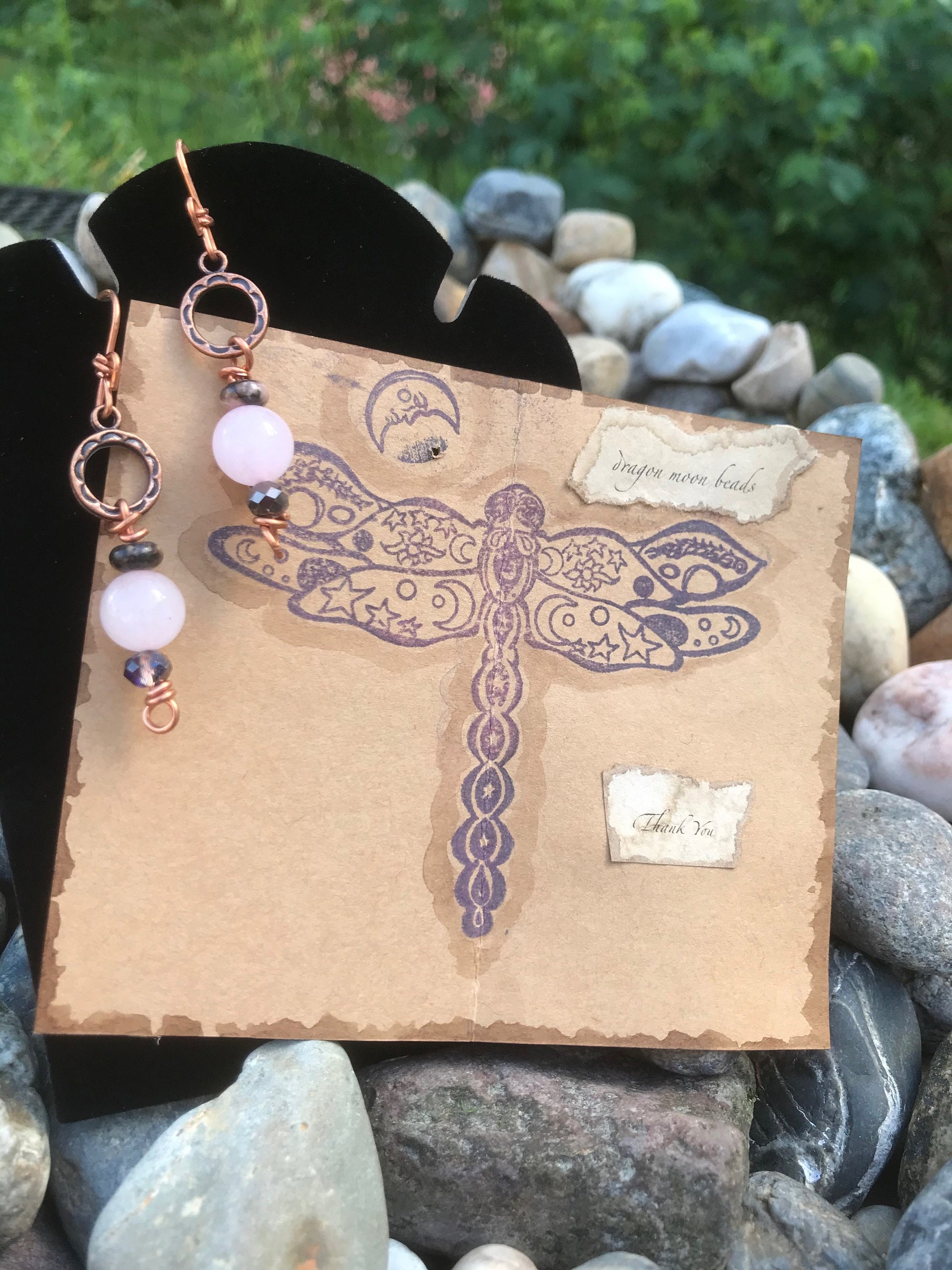 Rose Quartz, Rhodonite, Faceted Glass, Handmade, Copper French Ear Wire, Earrings, Pink, Dangle, Beads, Copper, Smokey Gray,