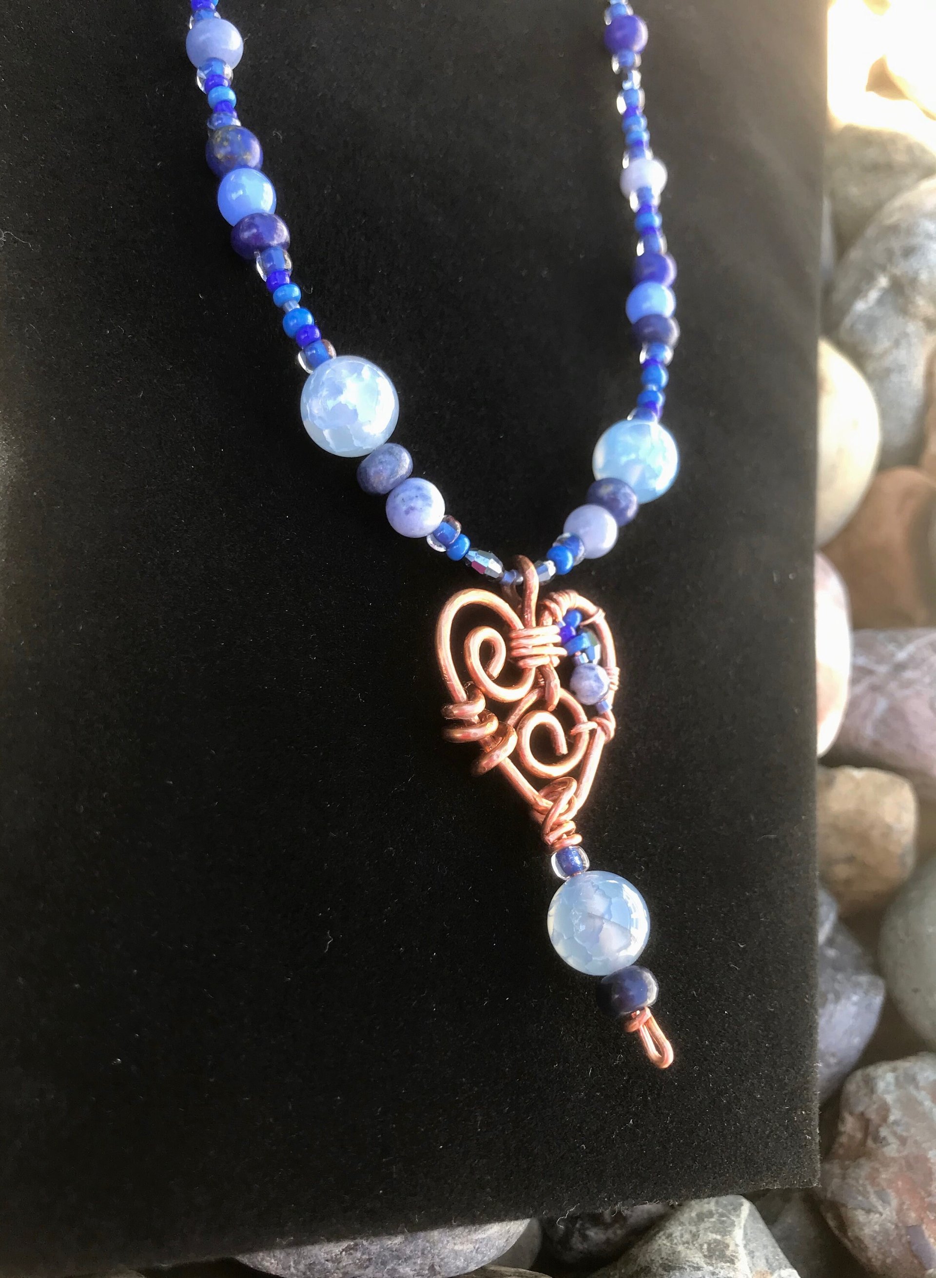Gorgeous Handmade Deep Blue Lapis, Stone Blue Sodalite and Sky Blue Fire Agate Beaded Necklace with Handcrafted Copper Beaded Heart