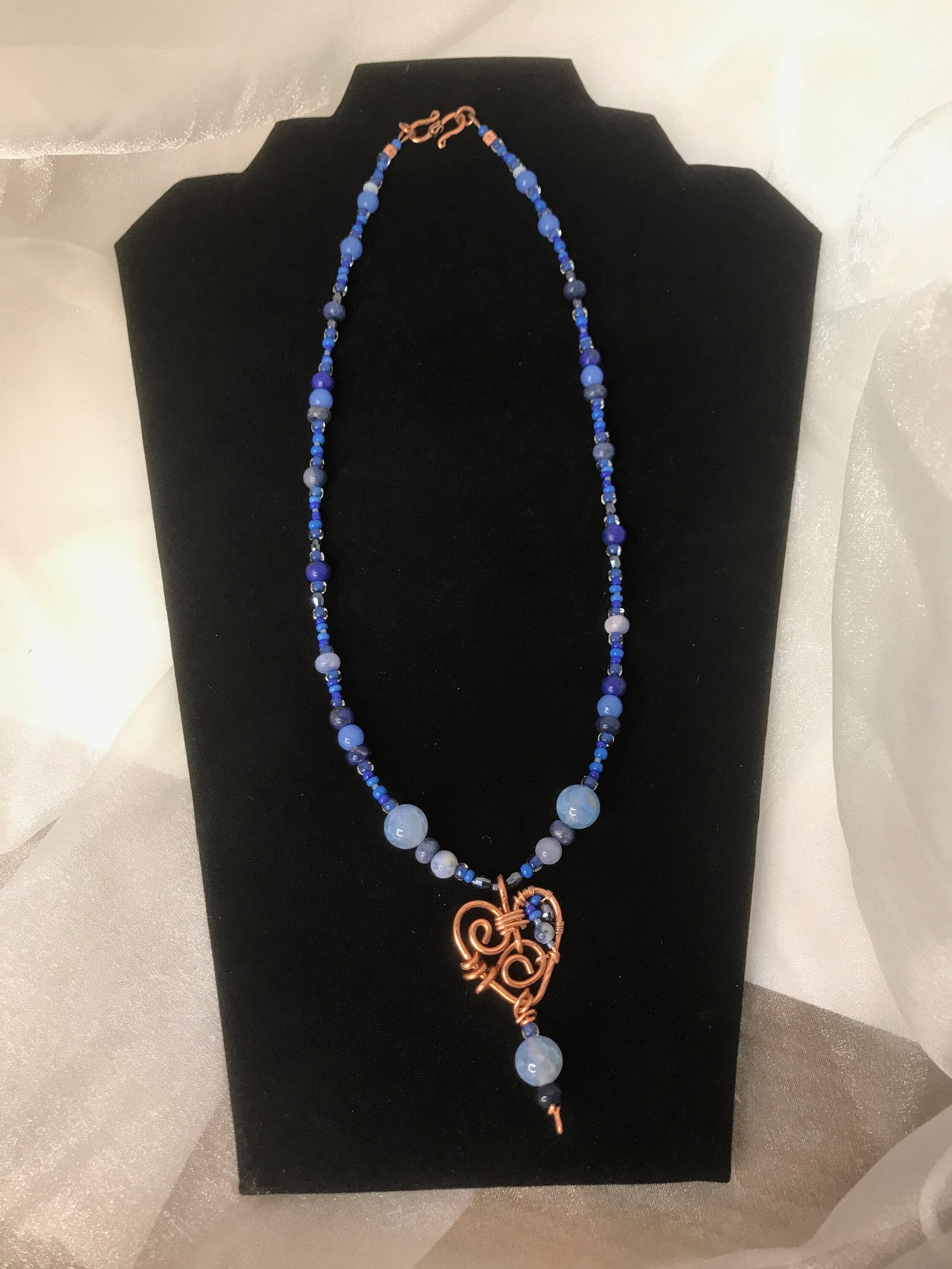 Gorgeous Handmade Deep Blue Lapis, Stone Blue Sodalite and Sky Blue Fire Agate Beaded Necklace with Handcrafted Copper Beaded Heart