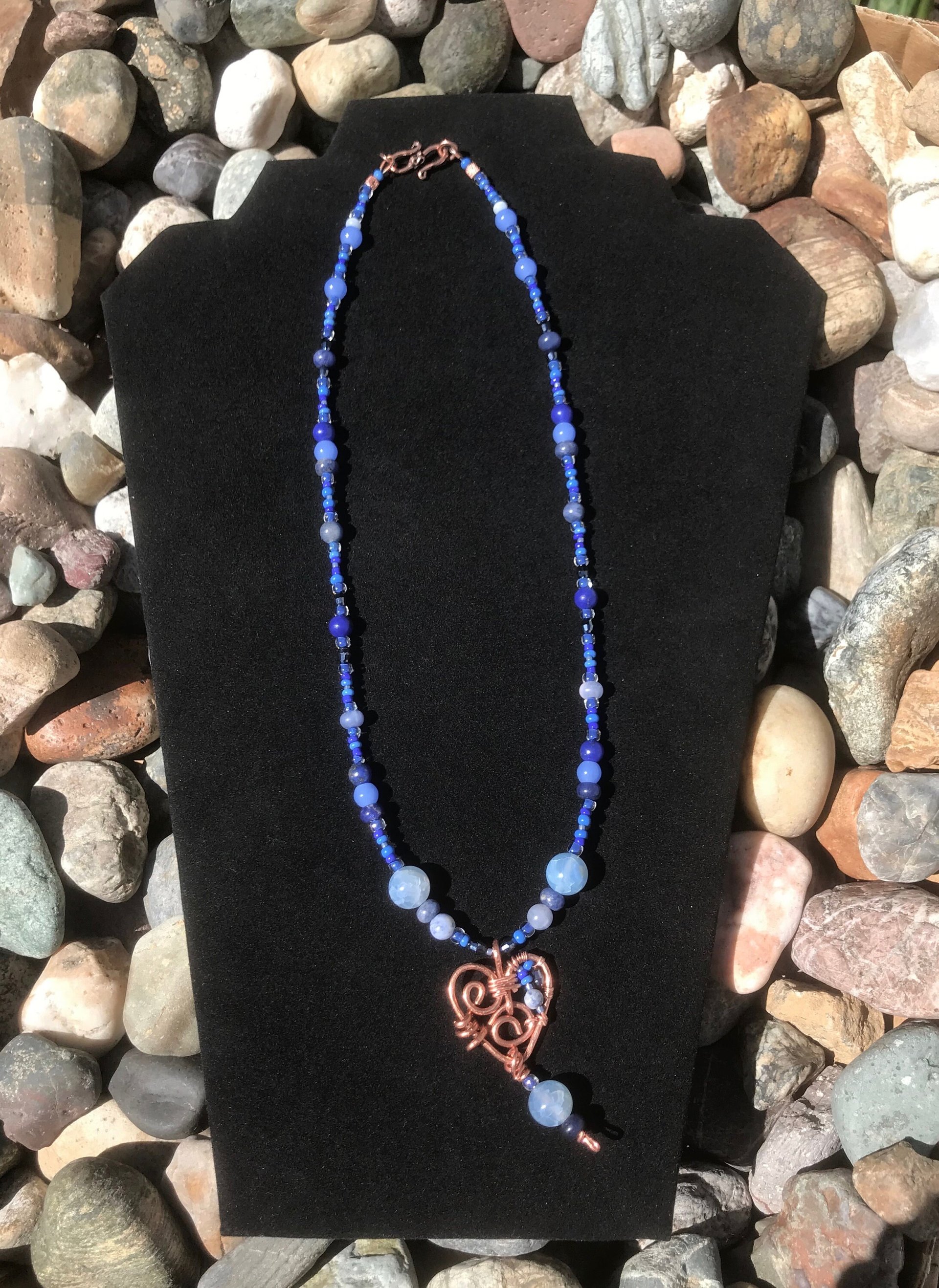 Gorgeous Handmade Deep Blue Lapis, Stone Blue Sodalite and Sky Blue Fire Agate Beaded Necklace with Handcrafted Copper Beaded Heart
