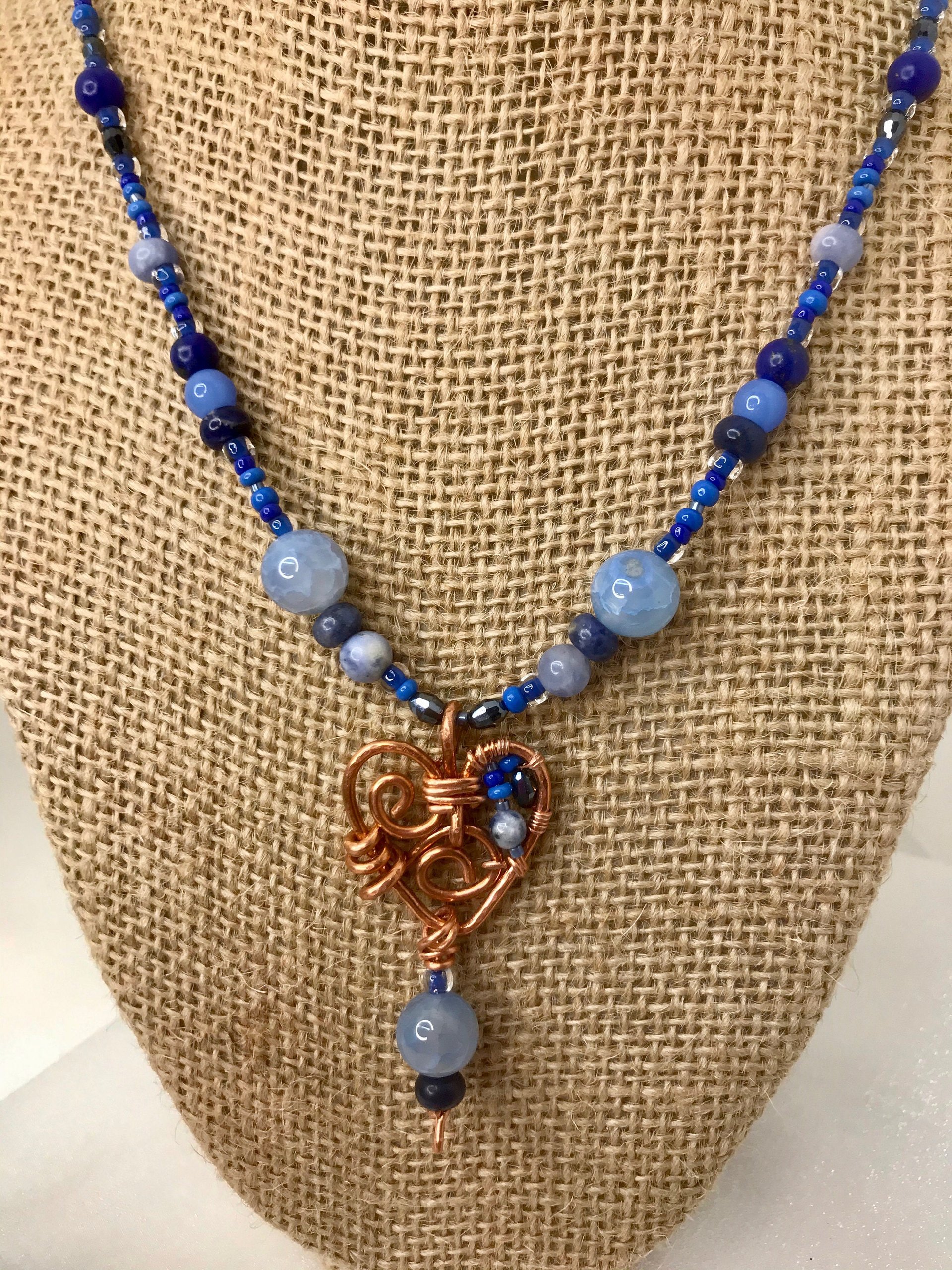 Gorgeous Handmade Deep Blue Lapis, Stone Blue Sodalite and Sky Blue Fire Agate Beaded Necklace with Handcrafted Copper Beaded Heart