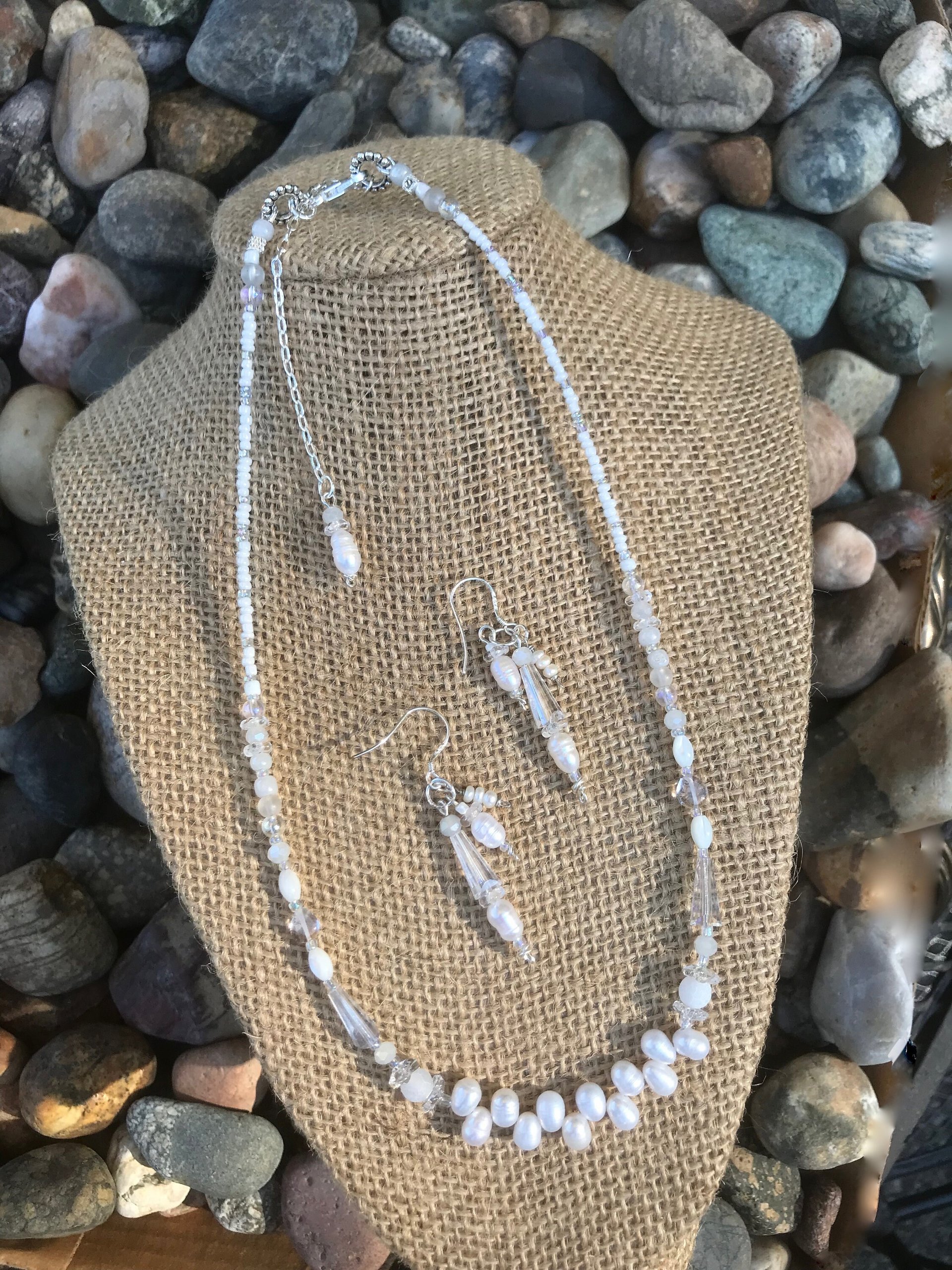 Wedding Necklace and Earring Set with White Freshwater Pearls, Iridescent Crystals, Mother of Pearl, Quartz, Faceted Glass, Beads on Silver