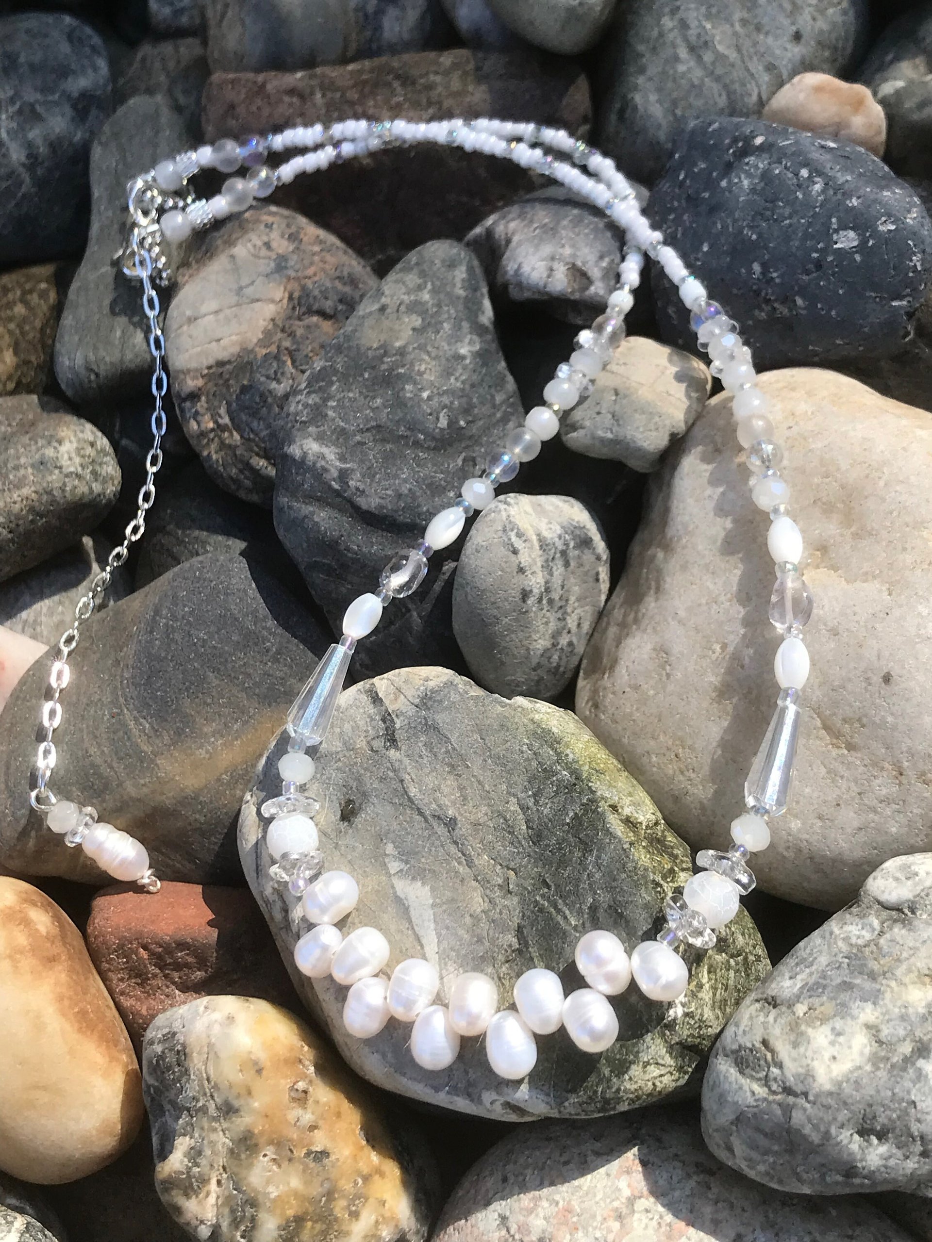 Wedding Necklace and Earring Set with White Freshwater Pearls, Iridescent Crystals, Mother of Pearl, Quartz, Faceted Glass, Beads on Silver