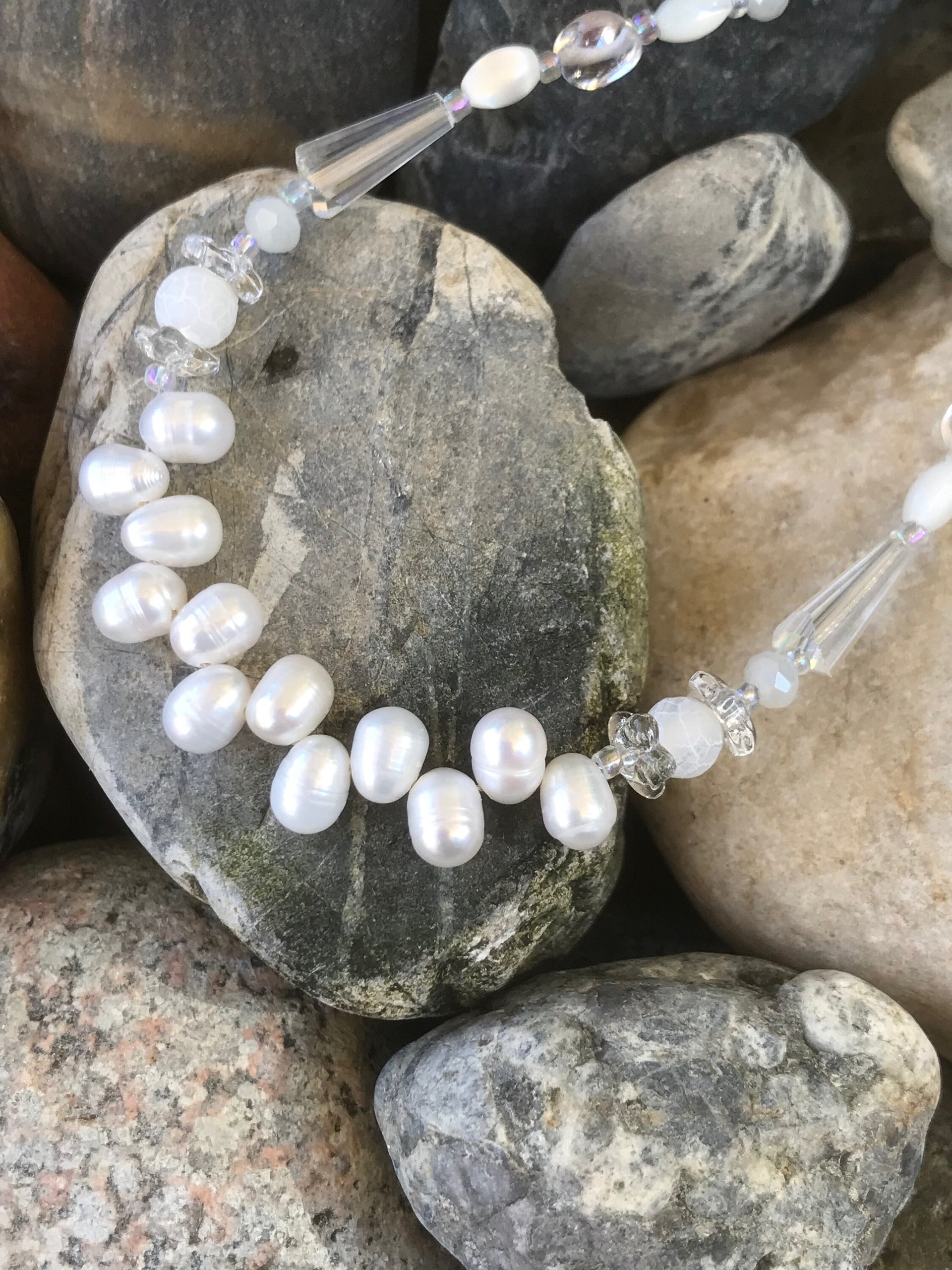 Wedding Necklace and Earring Set with White Freshwater Pearls, Iridescent Crystals, Mother of Pearl, Quartz, Faceted Glass, Beads on Silver