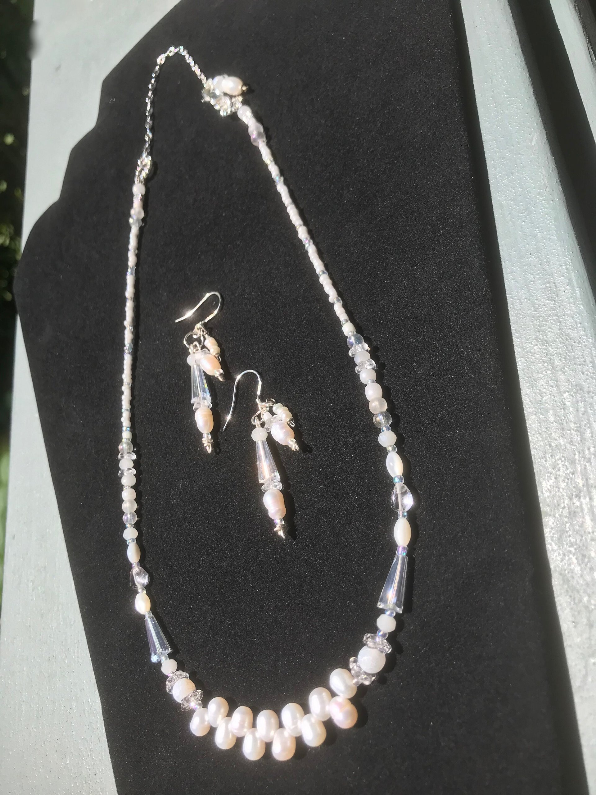 Wedding Necklace and Earring Set with White Freshwater Pearls, Iridescent Crystals, Mother of Pearl, Quartz, Faceted Glass, Beads on Silver