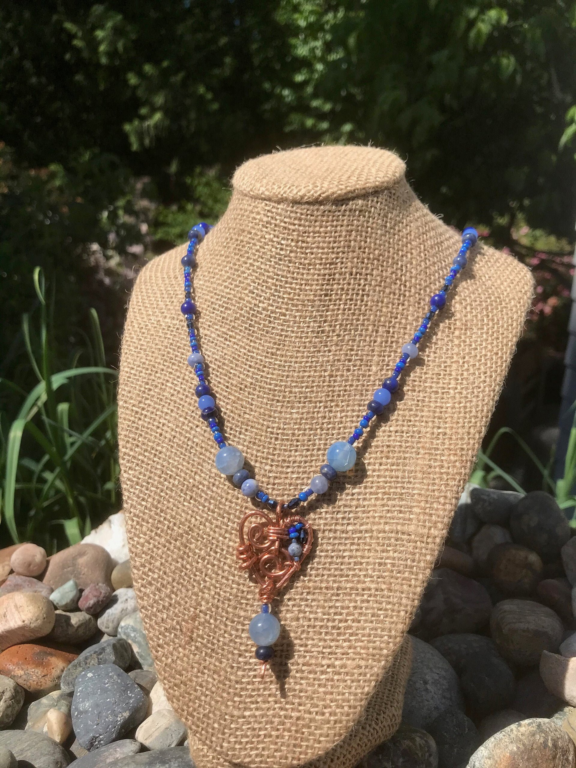 Gorgeous Handmade Deep Blue Lapis, Stone Blue Sodalite and Sky Blue Fire Agate Beaded Necklace with Handcrafted Copper Beaded Heart