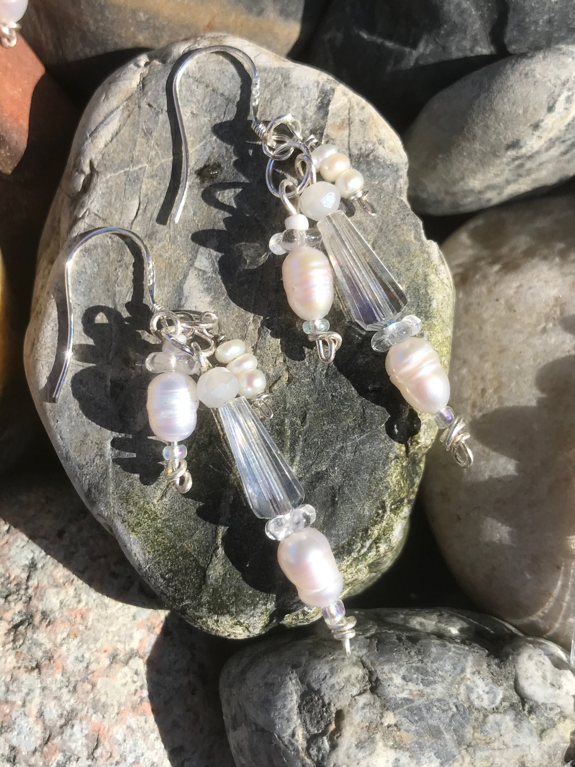 Wedding Necklace and Earring Set with White Freshwater Pearls, Iridescent Crystals, Mother of Pearl, Quartz, Faceted Glass, Beads on Silver