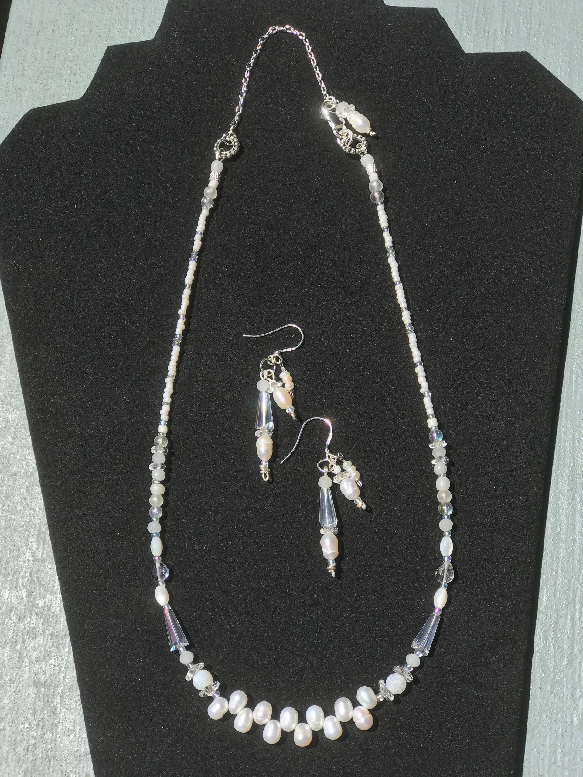 Wedding Necklace and Earring Set with White Freshwater Pearls, Iridescent Crystals, Mother of Pearl, Quartz, Faceted Glass, Beads on Silver