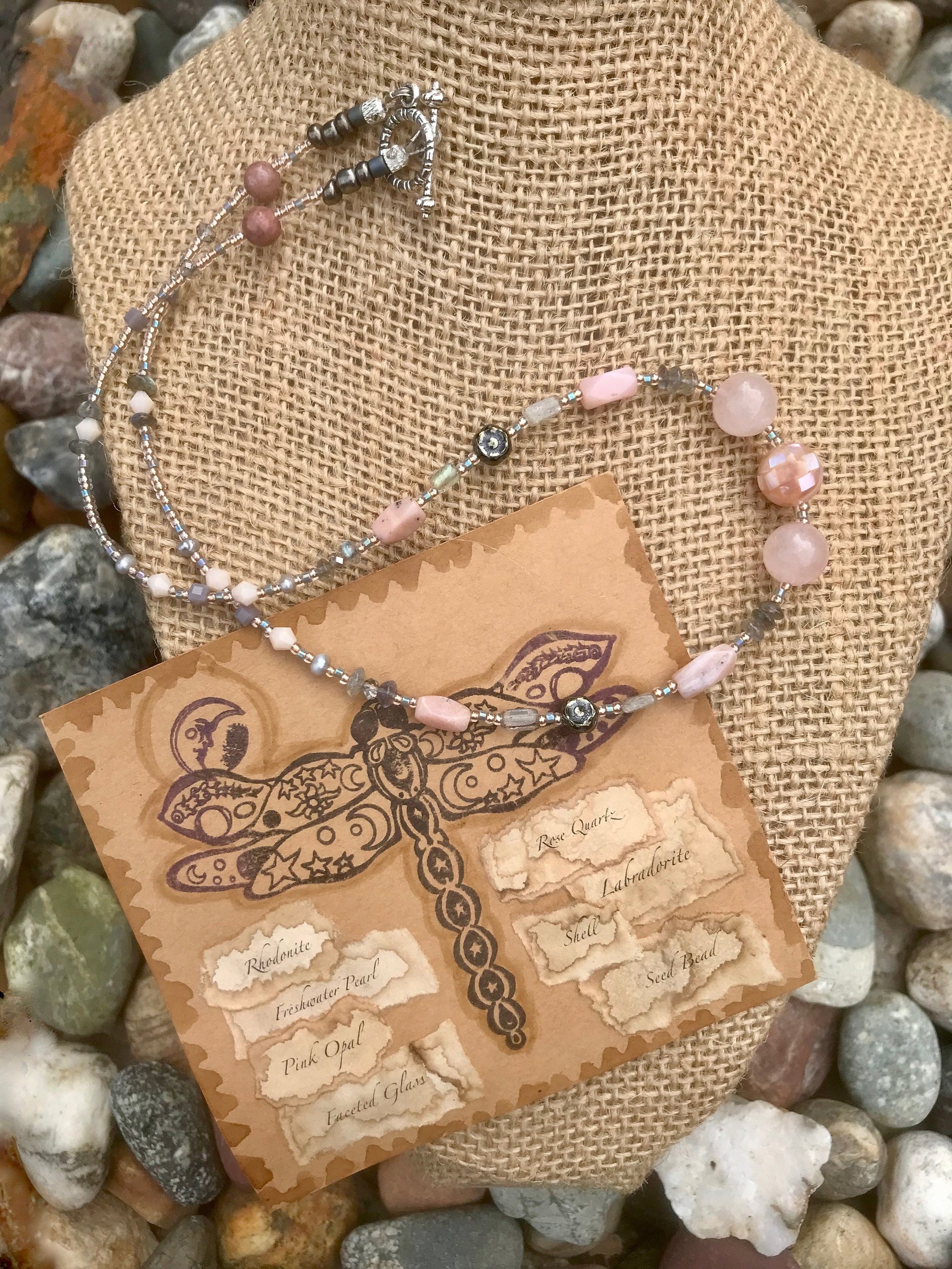 Rose Quartz and Labradorite Highlighted by Pink Opal, Shell, Rhodonite, Glass Flower Beads, Faceted Glass, Seed Beads and Pewter Toggle