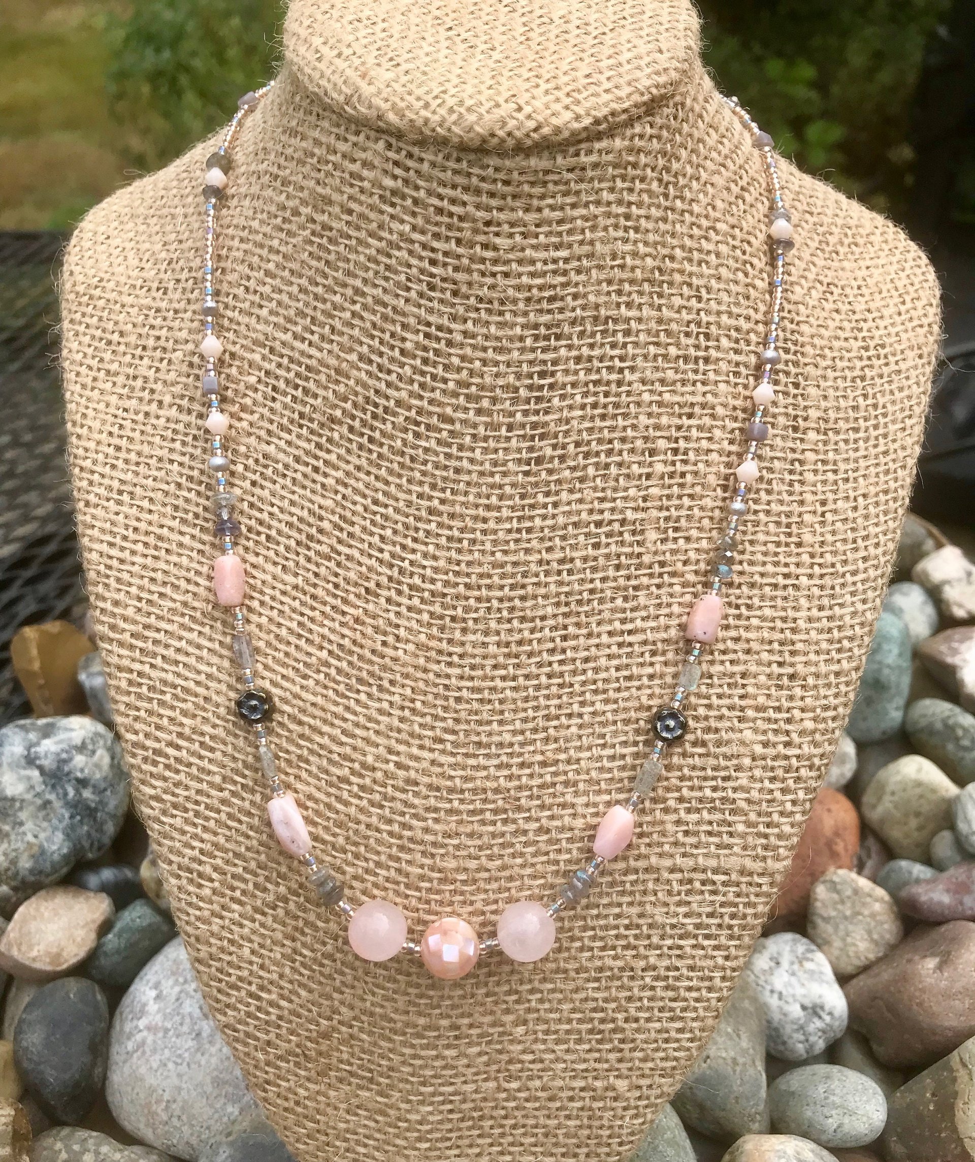 Rose Quartz and Labradorite Highlighted by Pink Opal, Shell, Rhodonite, Glass Flower Beads, Faceted Glass, Seed Beads and Pewter Toggle