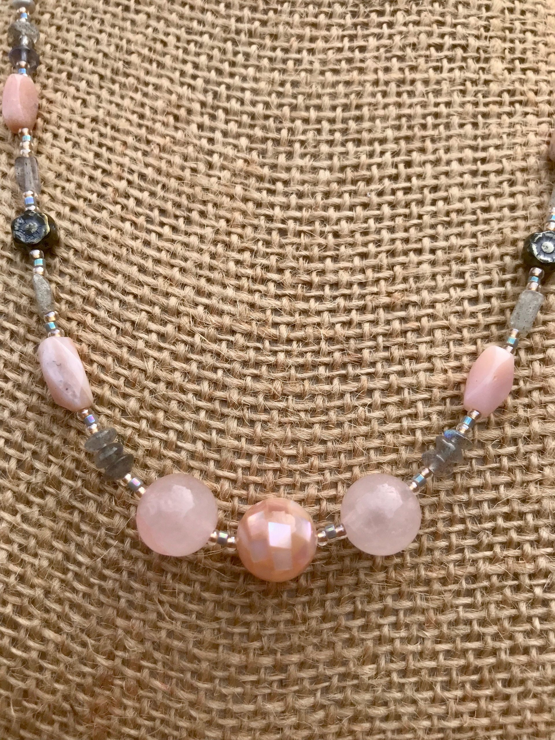 Rose Quartz and Labradorite Highlighted by Pink Opal, Shell, Rhodonite, Glass Flower Beads, Faceted Glass, Seed Beads and Pewter Toggle