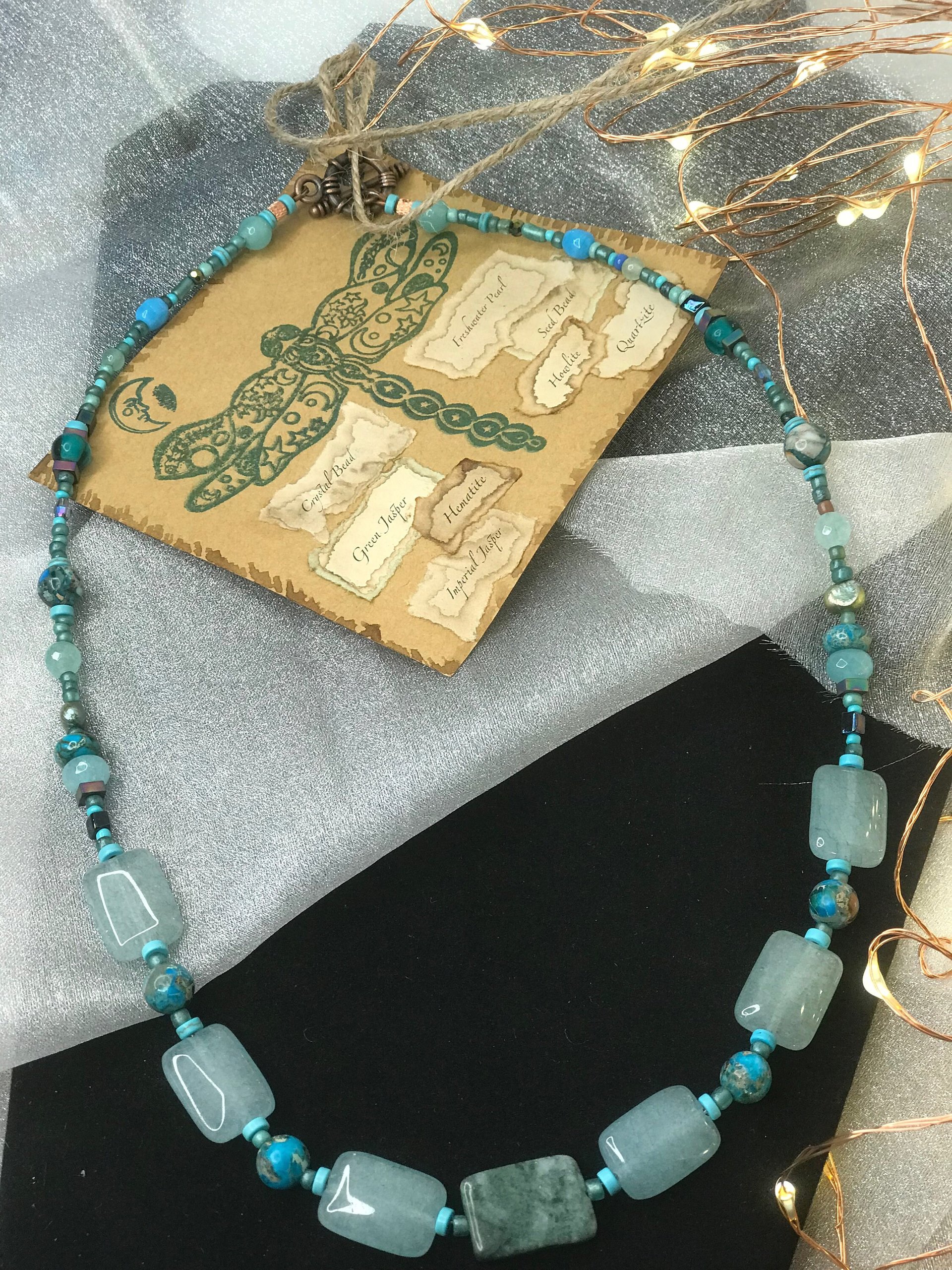 Forest and Sea Handcrafted Imperial and Green Jasper, Quartzite, Hematite, Crystal Beaded 22 Inch Necklace with Copper Toggle