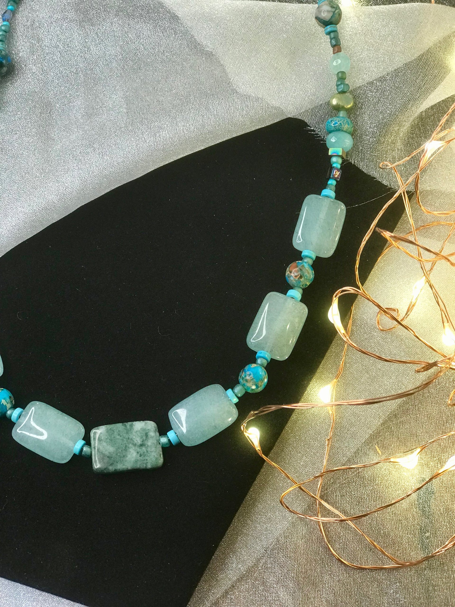 Forest and Sea Handcrafted Imperial and Green Jasper, Quartzite, Hematite, Crystal Beaded 22 Inch Necklace with Copper Toggle