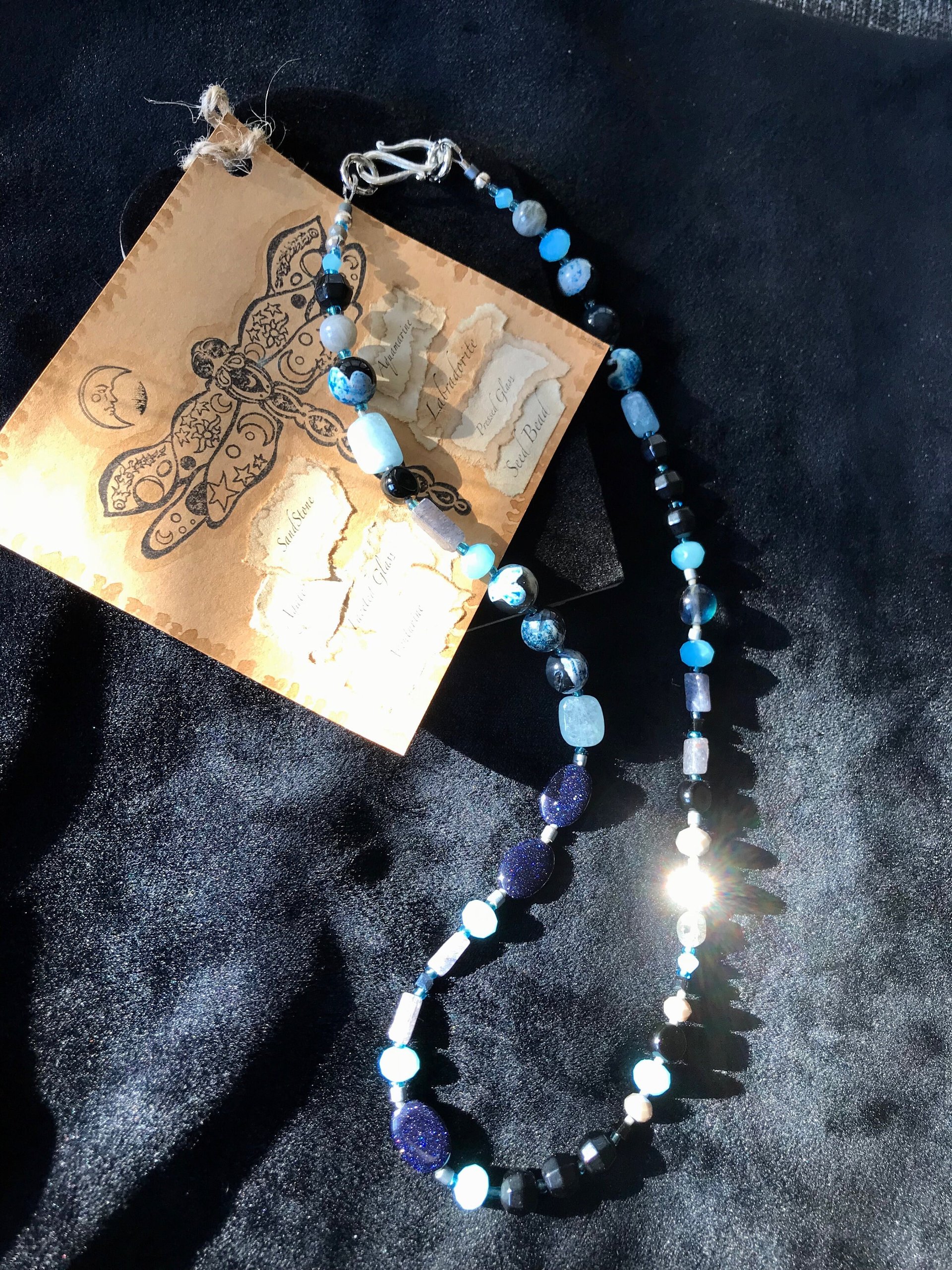 Dark Waters Handcrafted Aquamarine, Labradorite, Dark Shimmering Sandstone, Blue/Black Agate, Aventurine, Faceted Blue Glass and Seed Bead