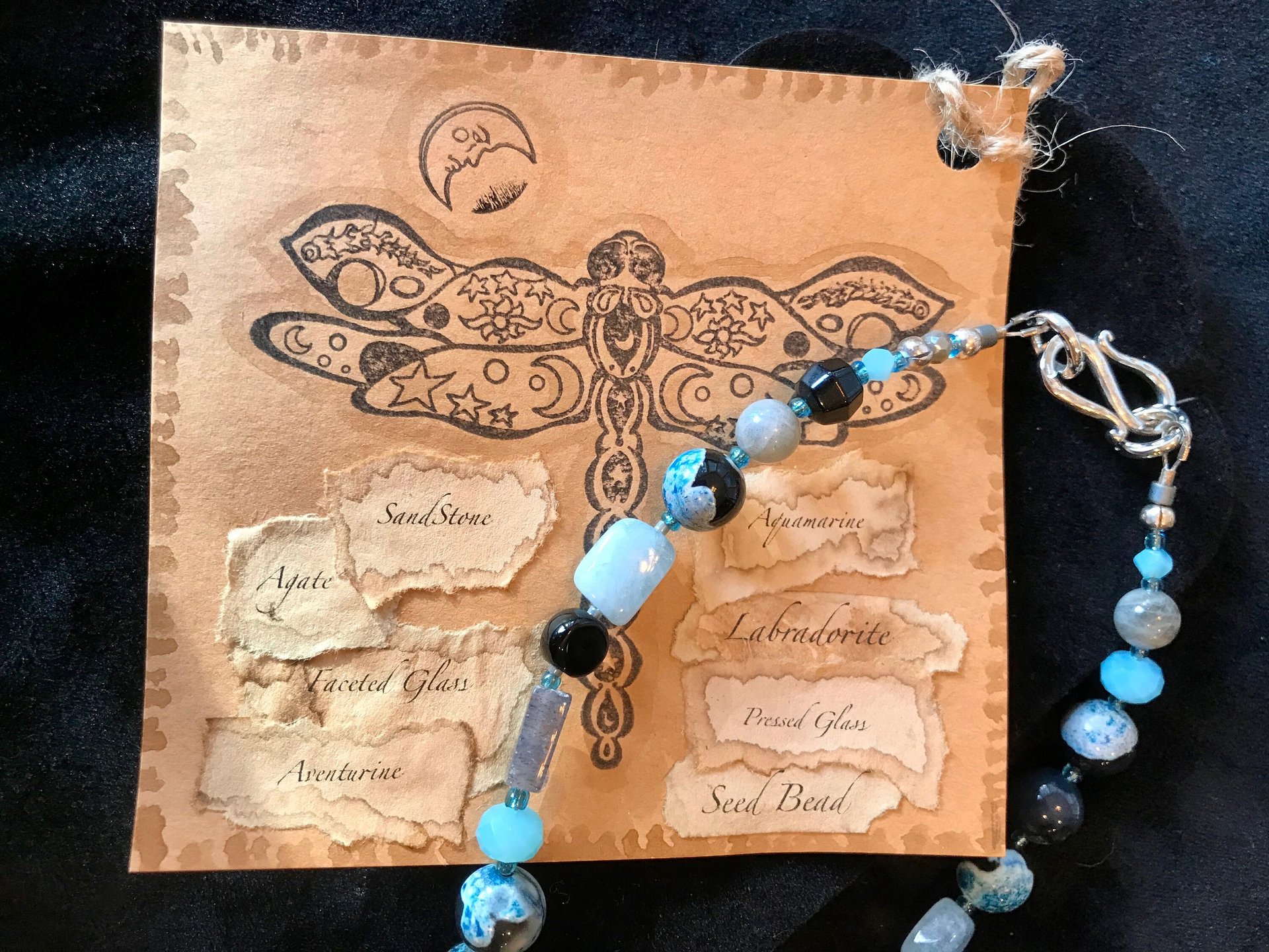 Dark Waters Handcrafted Aquamarine, Labradorite, Dark Shimmering Sandstone, Blue/Black Agate, Aventurine, Faceted Blue Glass and Seed Bead