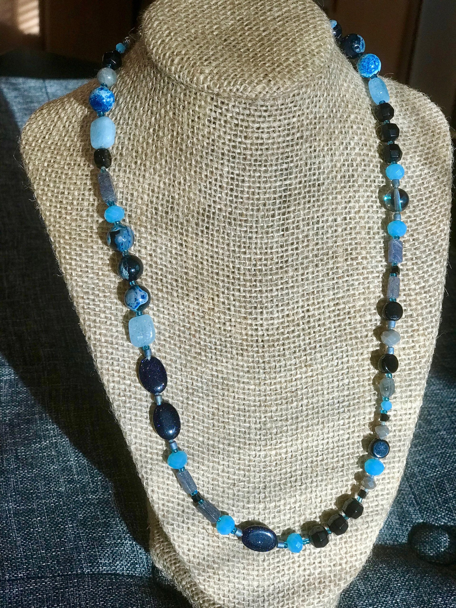 Dark Waters Handcrafted Aquamarine, Labradorite, Dark Shimmering Sandstone, Blue/Black Agate, Aventurine, Faceted Blue Glass and Seed Bead
