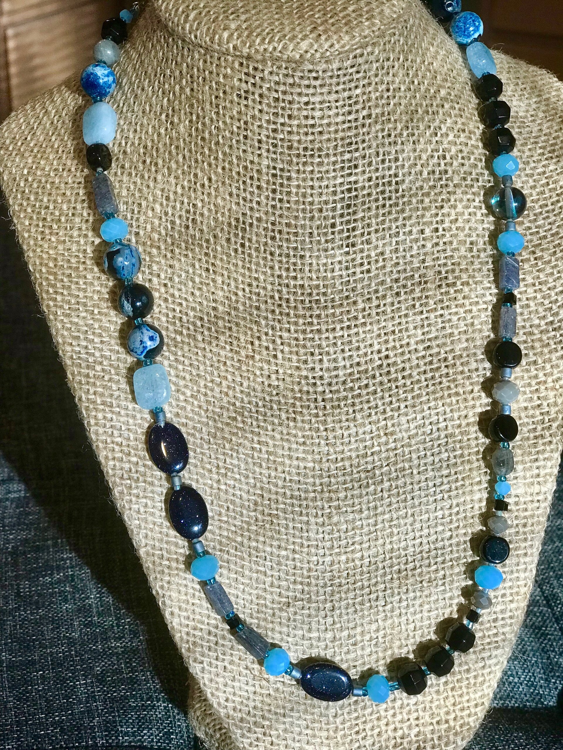 Dark Waters Handcrafted Aquamarine, Labradorite, Dark Shimmering Sandstone, Blue/Black Agate, Aventurine, Faceted Blue Glass and Seed Bead