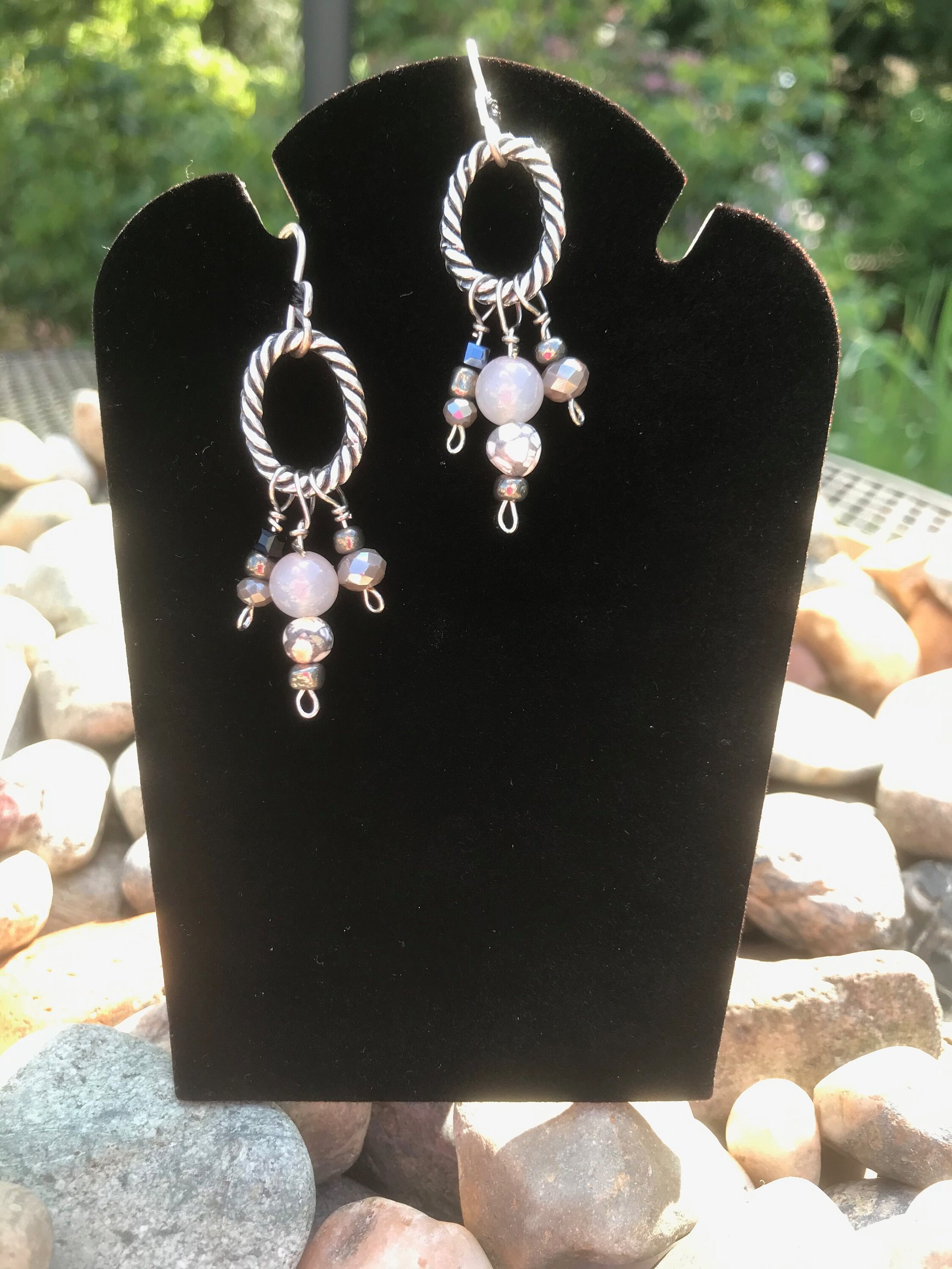 Beaded Agate, Black Network, Shell, Marble, Crystal Necklace and Earring Set with Sterling Silver French Hooks and Pewter Oval Findings.