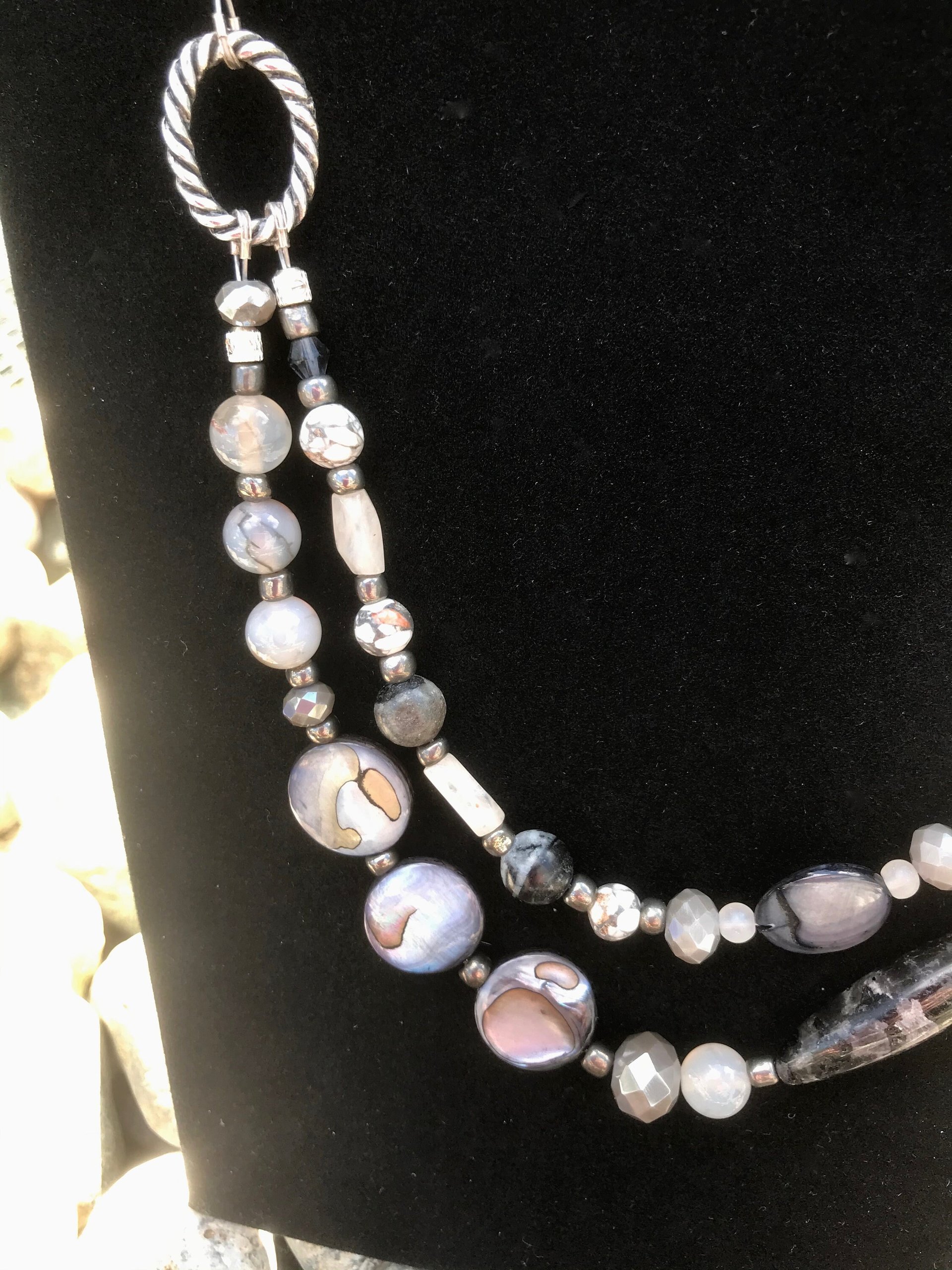 Beaded Agate, Black Network, Shell, Marble, Crystal Necklace and Earring Set with Sterling Silver French Hooks and Pewter Oval Findings.