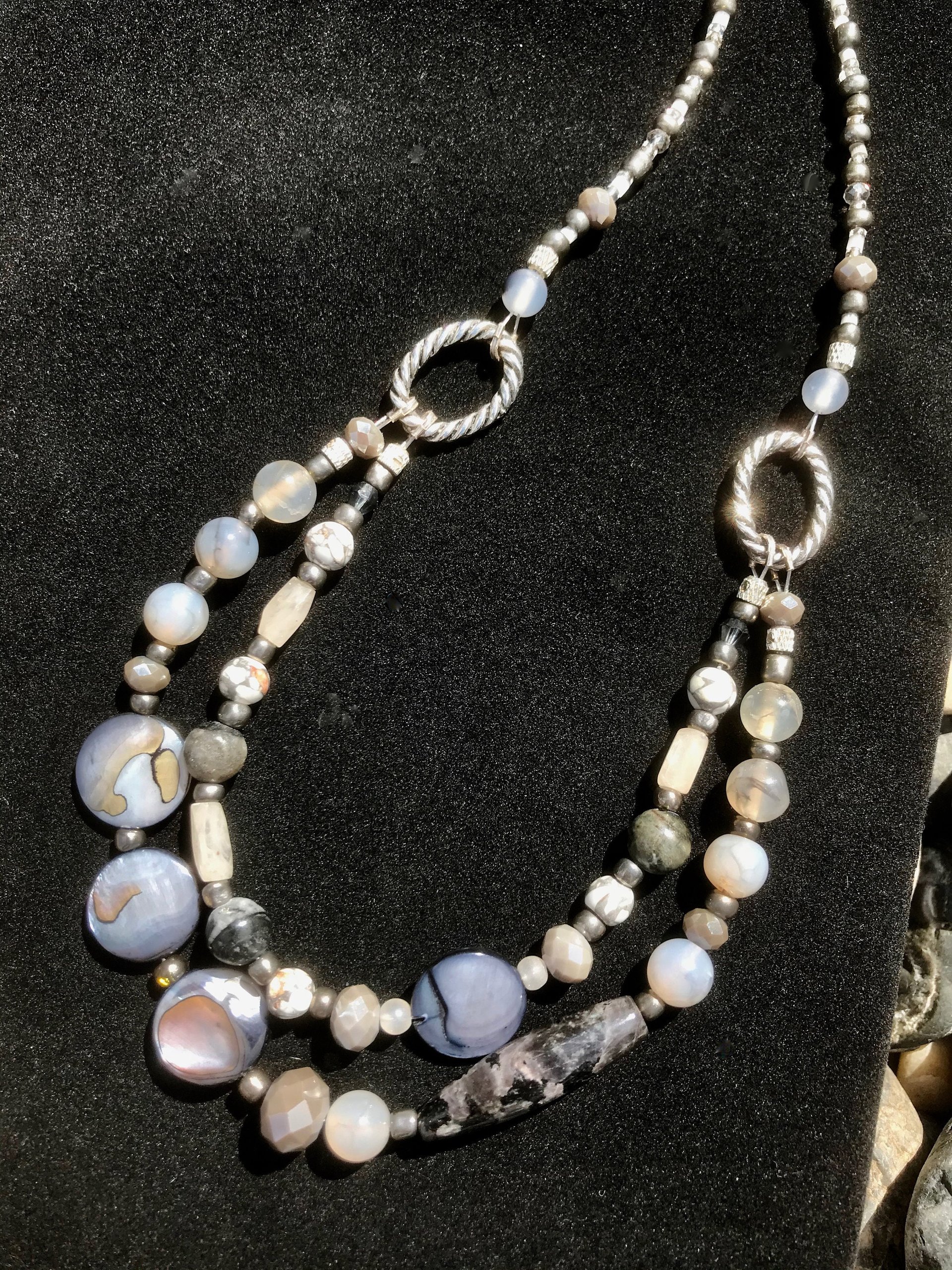 Beaded Agate, Black Network, Shell, Marble, Crystal Necklace and Earring Set with Sterling Silver French Hooks and Pewter Oval Findings.