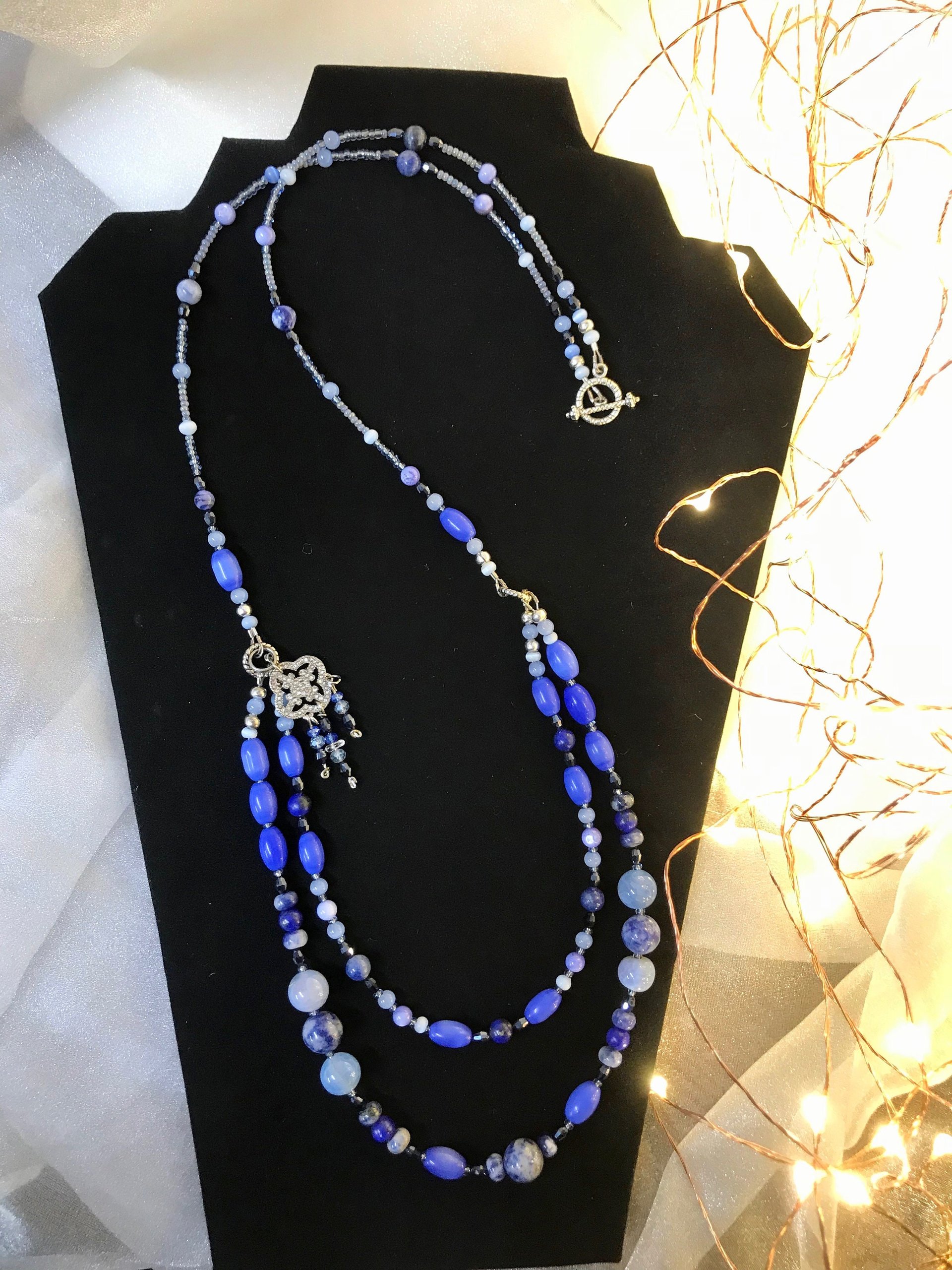 Summers Evening Shimmering Charm Necklace in Blue Shades of Crackle Agate, Sodalite, Lapis, Mother of Pearl, Cat's Eye, Faceted Glass Beads