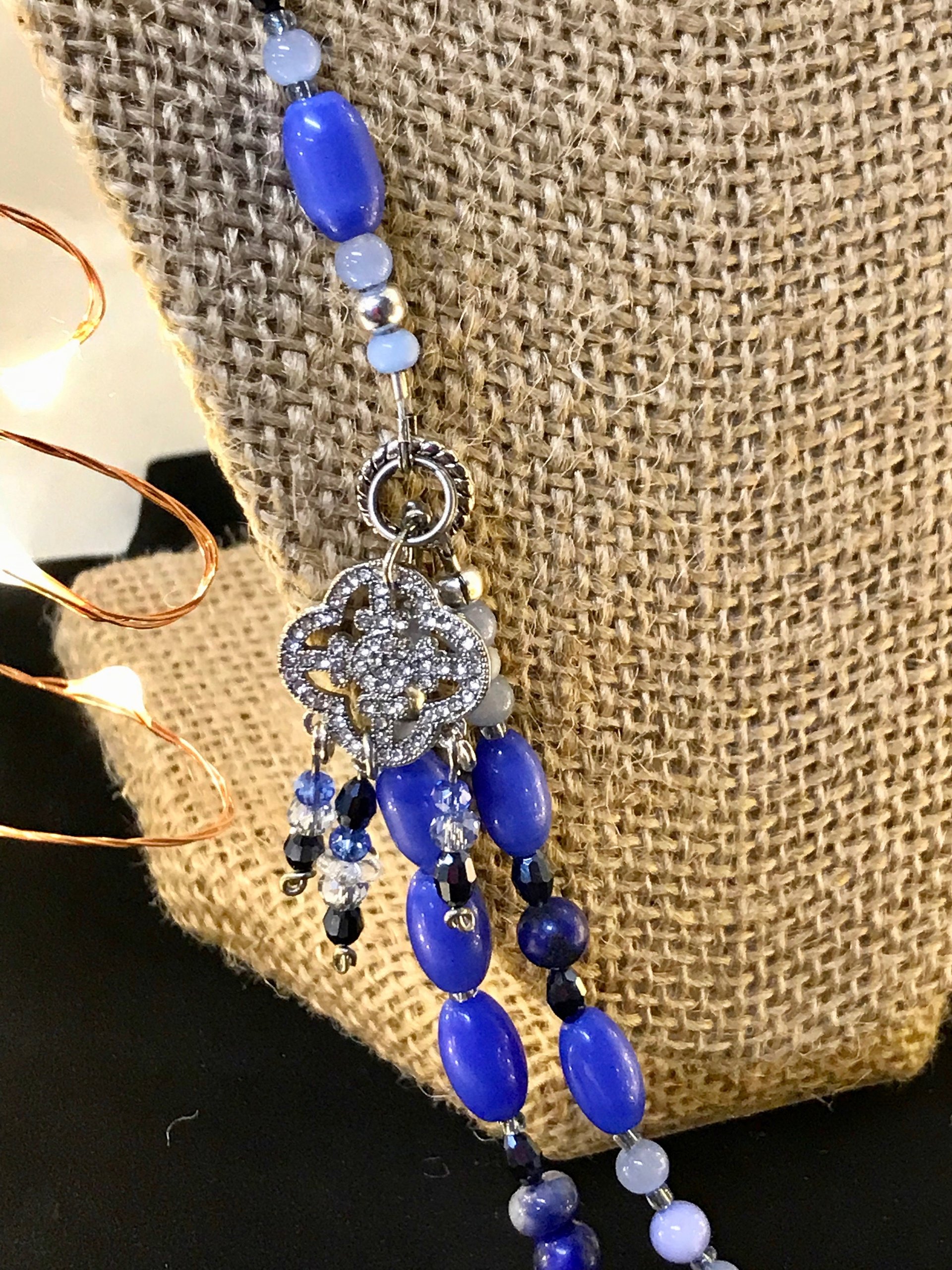 Summers Evening Shimmering Charm Necklace in Blue Shades of Crackle Agate, Sodalite, Lapis, Mother of Pearl, Cat's Eye, Faceted Glass Beads