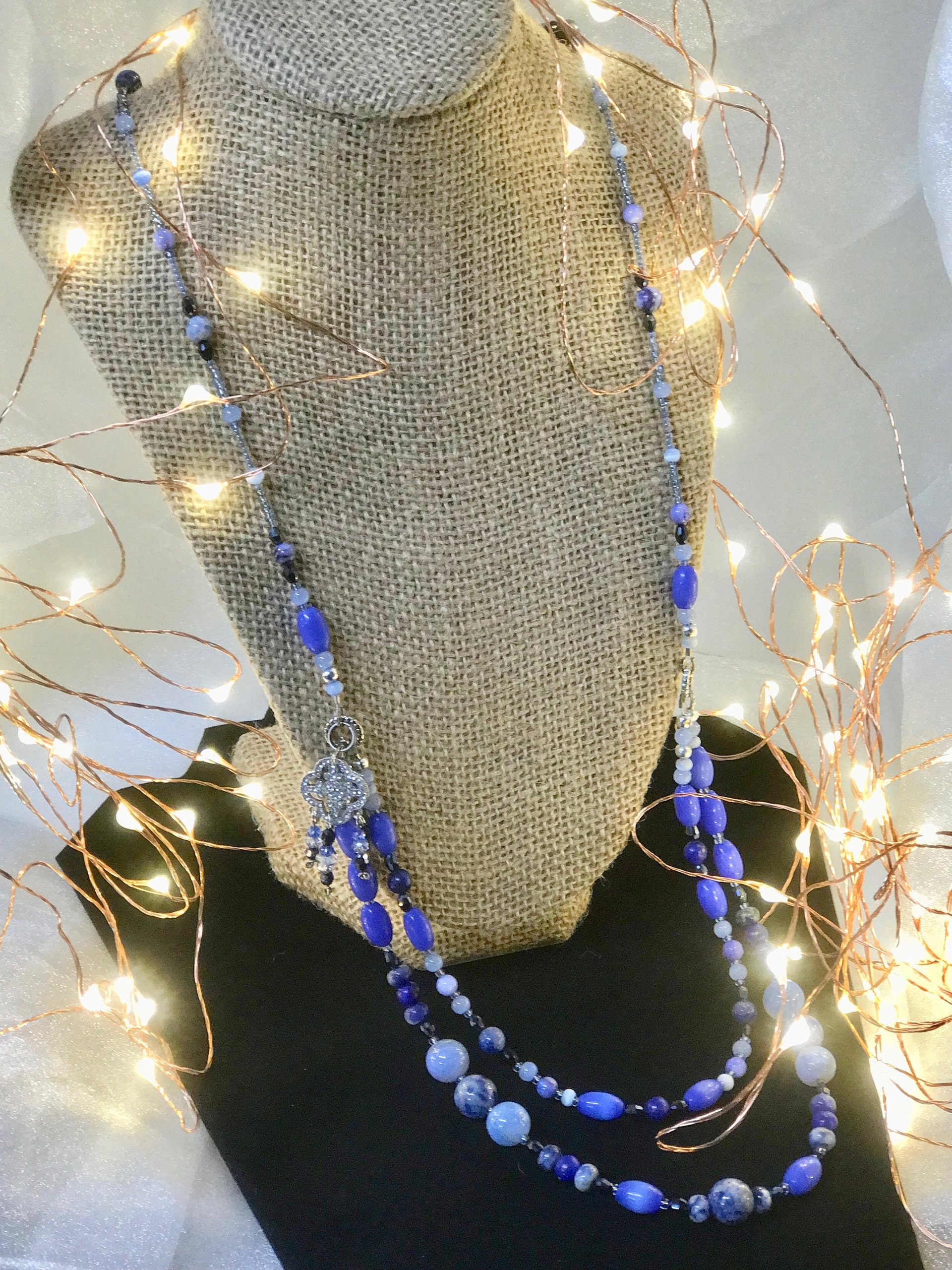 Summers Evening Shimmering Charm Necklace in Blue Shades of Crackle Agate, Sodalite, Lapis, Mother of Pearl, Cat's Eye, Faceted Glass Beads