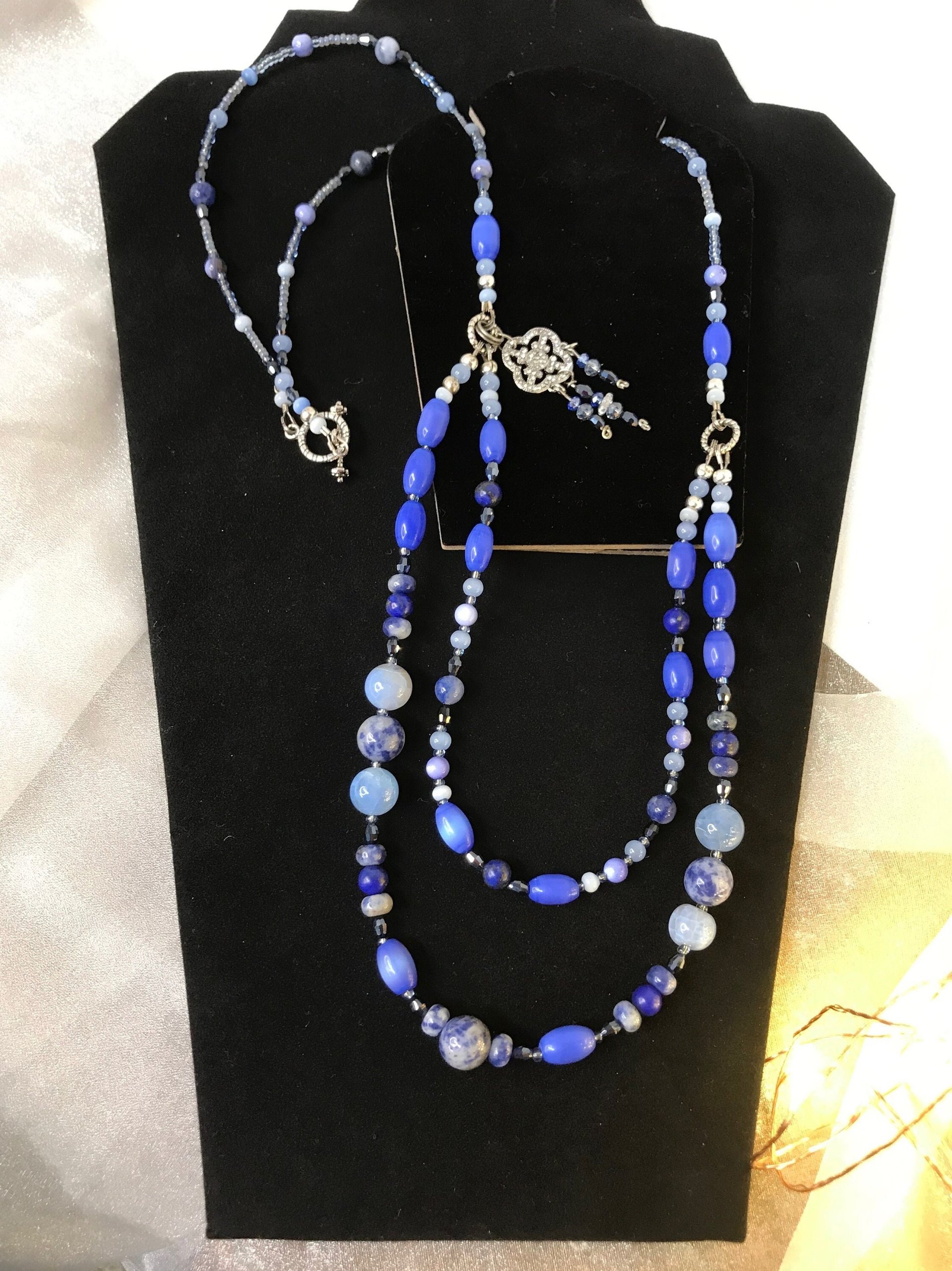 Summers Evening Shimmering Charm Necklace in Blue Shades of Crackle Agate, Sodalite, Lapis, Mother of Pearl, Cat's Eye, Faceted Glass Beads