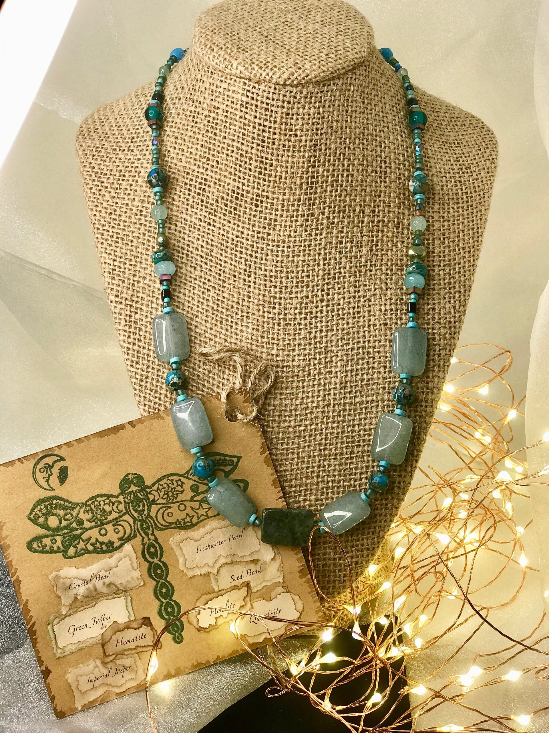Forest and Sea Handcrafted Imperial and Green Jasper, Quartzite, Hematite, Crystal Beaded 22 Inch Necklace with Copper Toggle