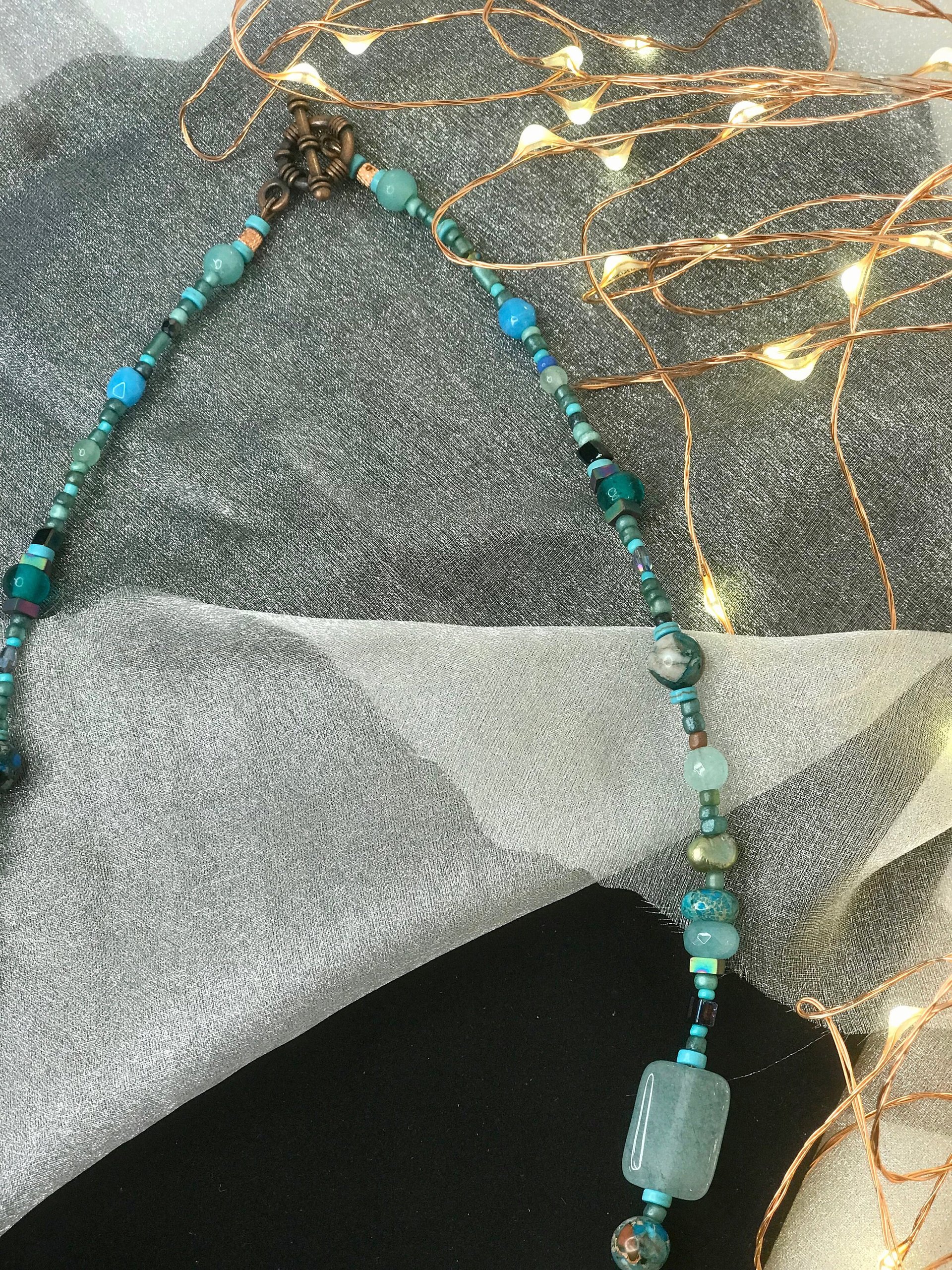 Forest and Sea Handcrafted Imperial and Green Jasper, Quartzite, Hematite, Crystal Beaded 22 Inch Necklace with Copper Toggle