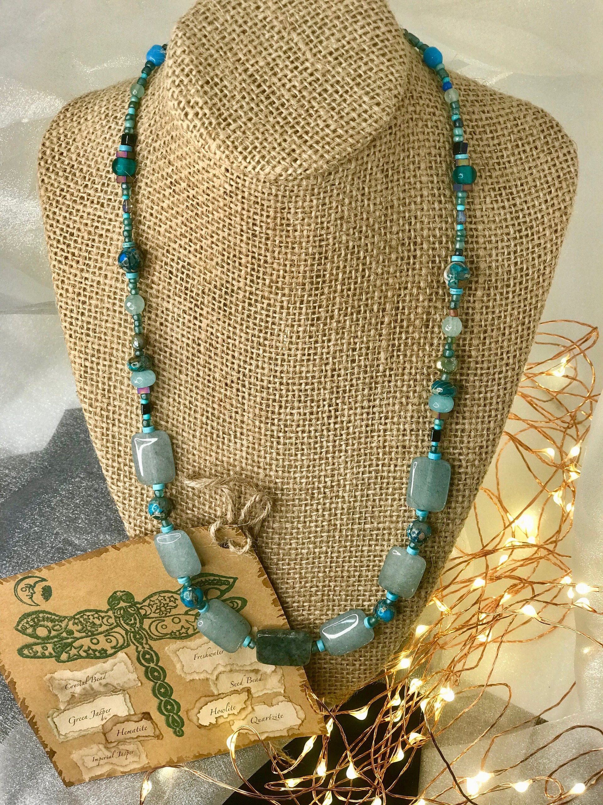 Forest and Sea Handcrafted Imperial and Green Jasper, Quartzite, Hematite, Crystal Beaded 22 Inch Necklace with Copper Toggle