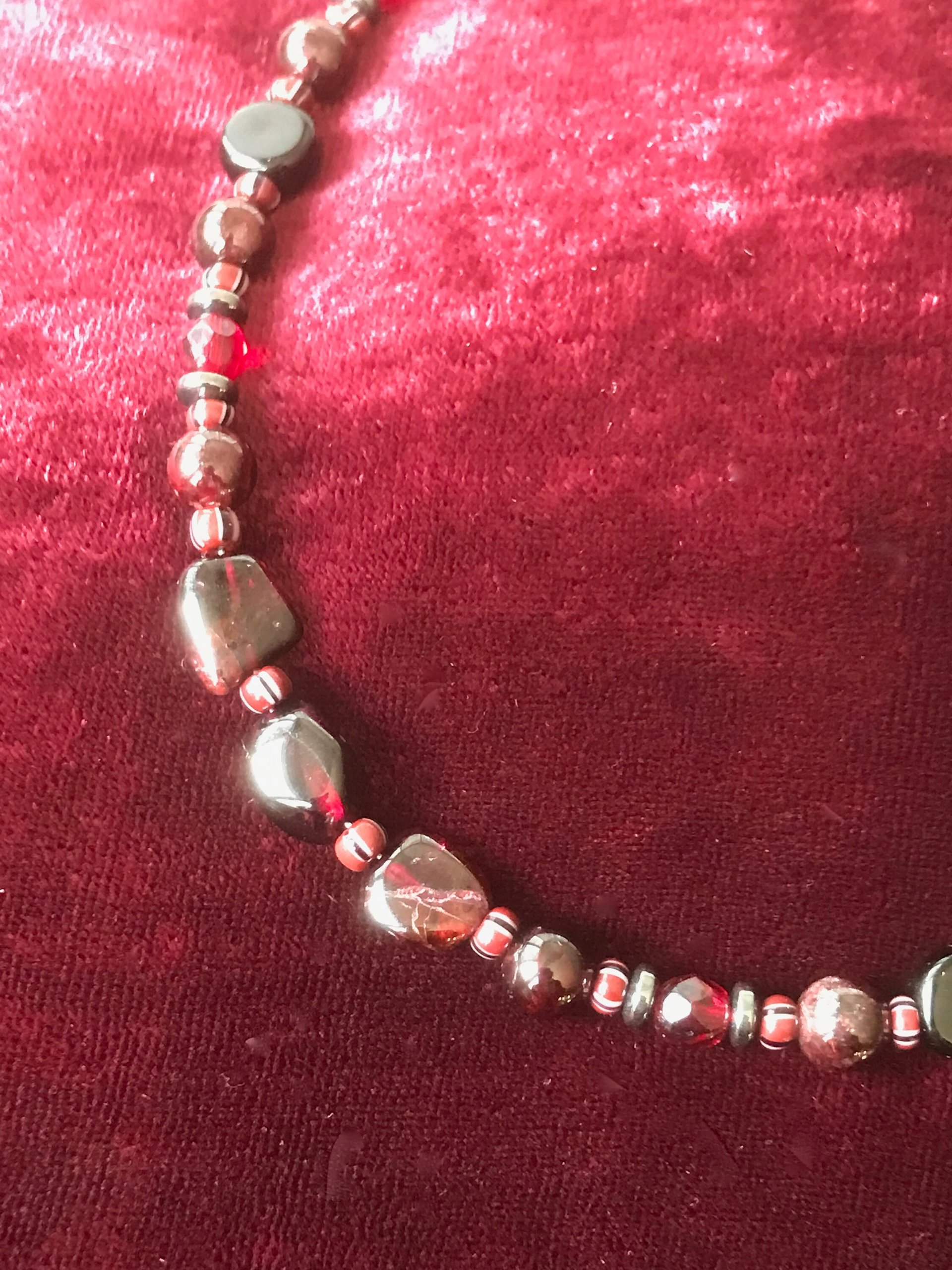 Dark and Alluring Garnet, Hematite, Faceted Glass and Bead Necklace with Pressed Metal Chandelier and Garnet Dangle Earring Set