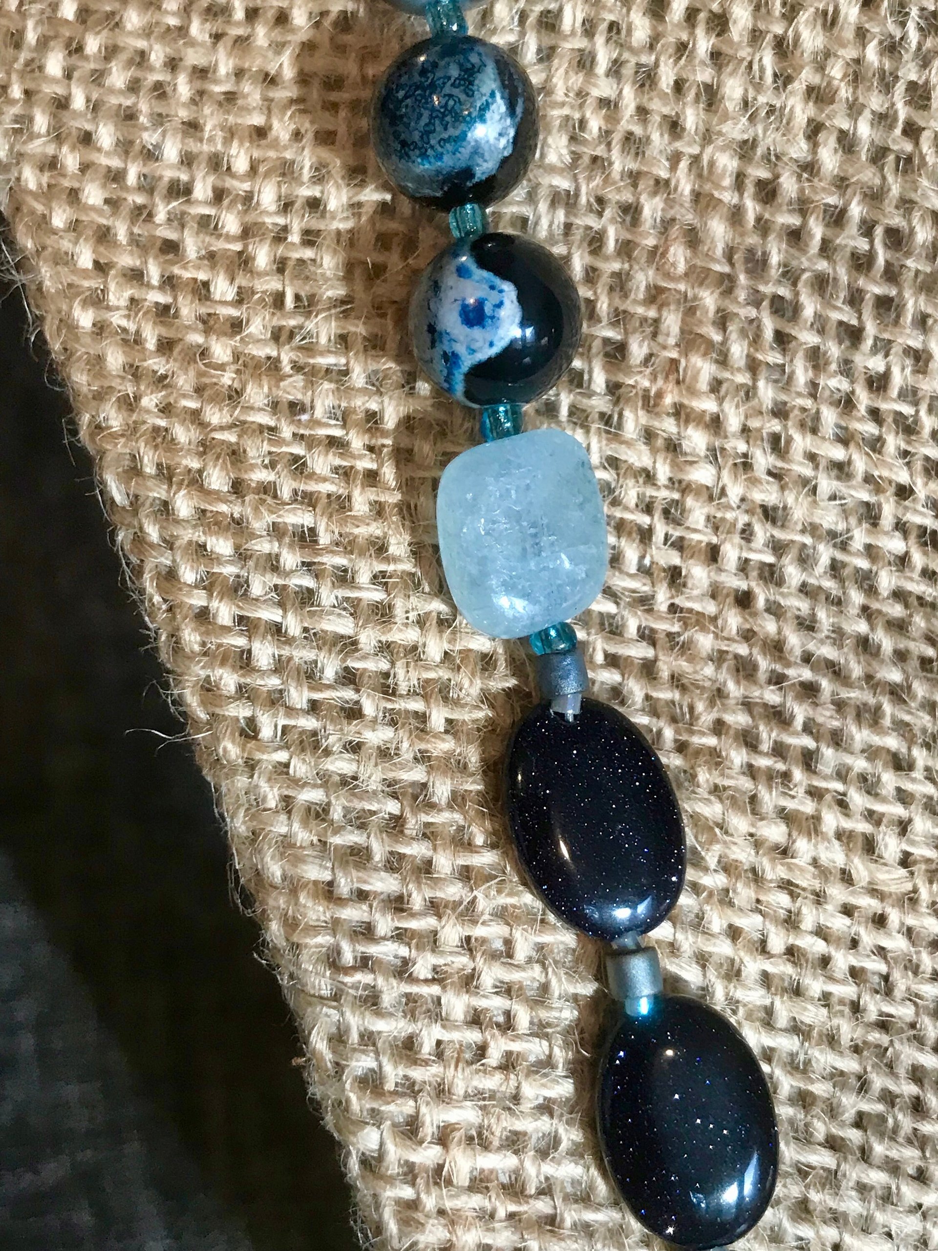 Dark Waters Handcrafted Aquamarine, Labradorite, Dark Shimmering Sandstone, Blue/Black Agate, Aventurine, Faceted Blue Glass and Seed Bead