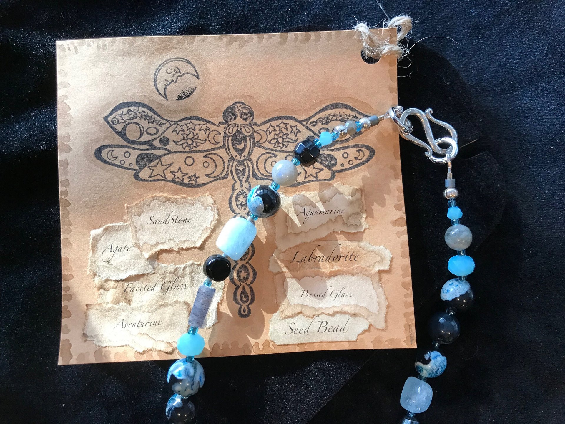 Dark Waters Handcrafted Aquamarine, Labradorite, Dark Shimmering Sandstone, Blue/Black Agate, Aventurine, Faceted Blue Glass and Seed Bead