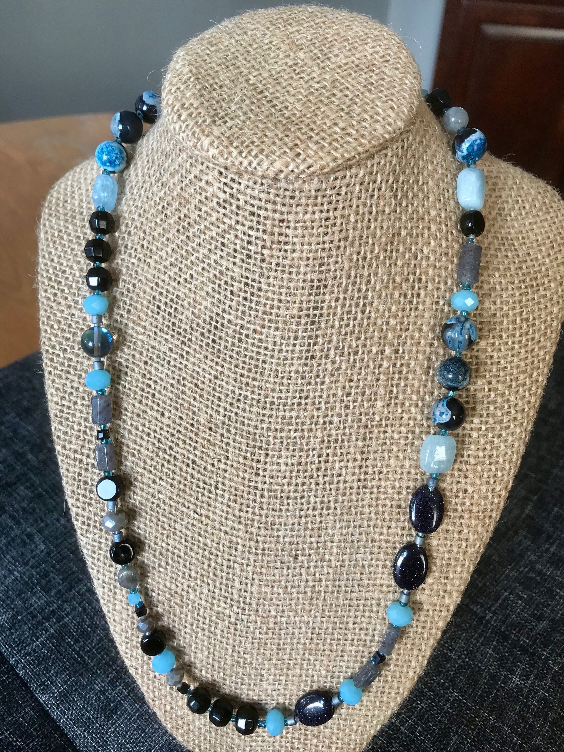 Dark Waters Handcrafted Aquamarine, Labradorite, Dark Shimmering Sandstone, Blue/Black Agate, Aventurine, Faceted Blue Glass and Seed Bead