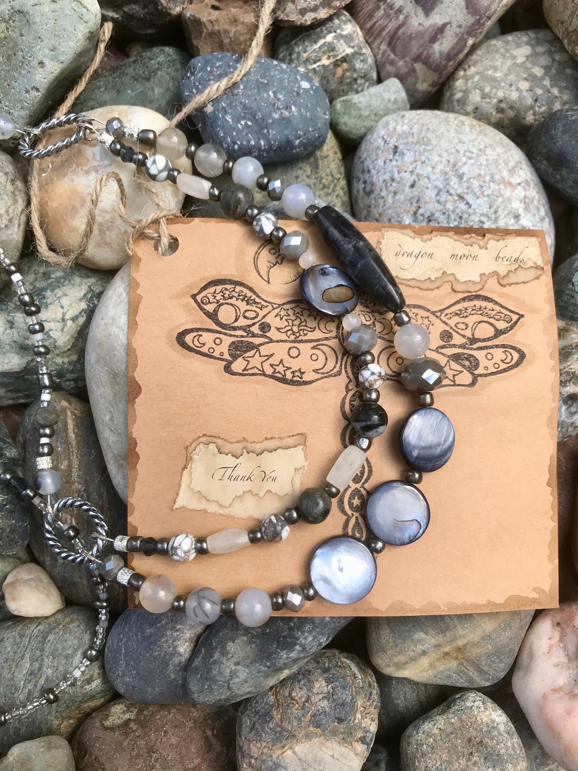 Beaded Agate, Black Network, Shell, Marble, Crystal Necklace and Earring Set with Sterling Silver French Hooks and Pewter Oval Findings.