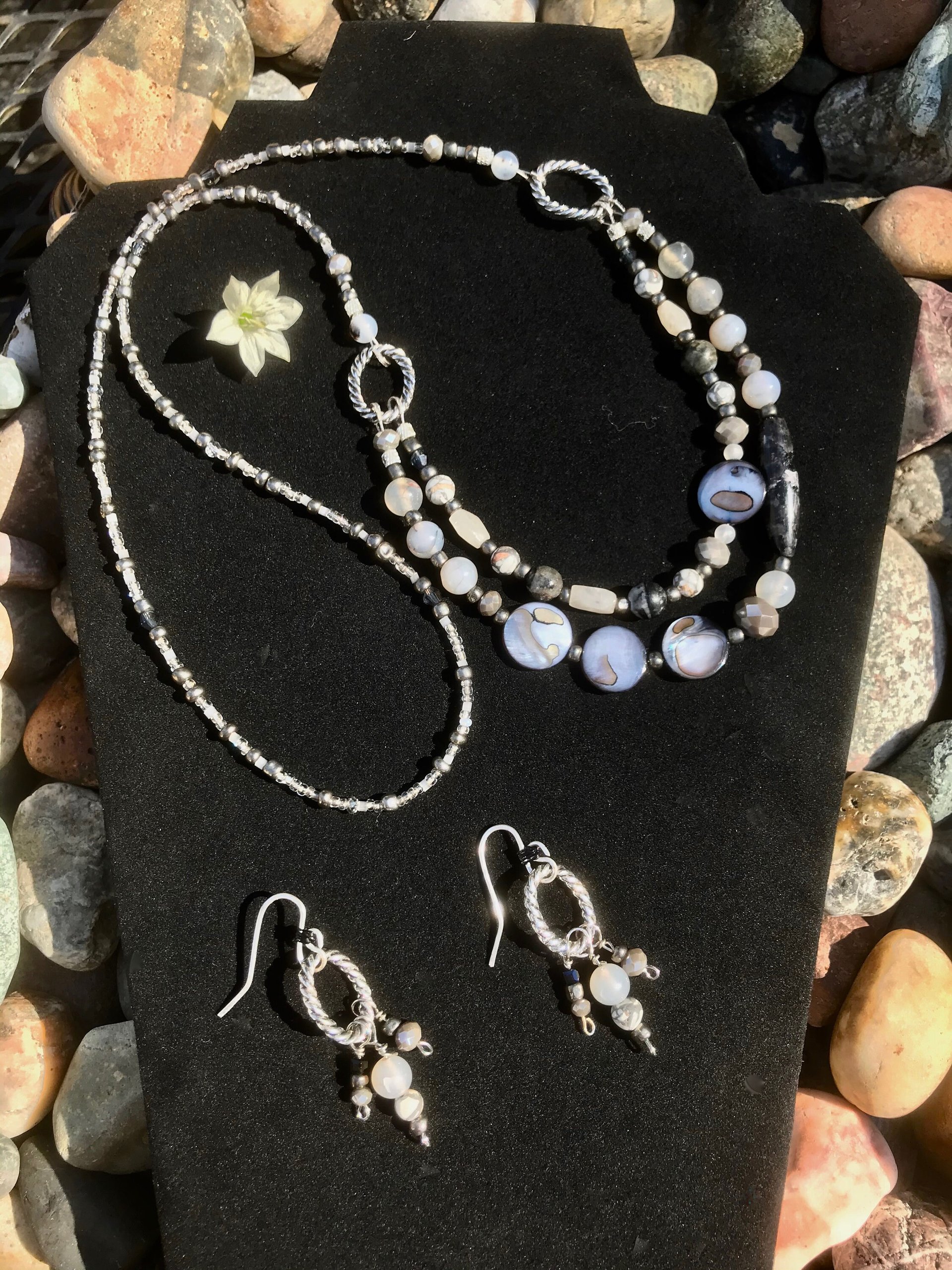 Beaded Agate, Black Network, Shell, Marble, Crystal Necklace and Earring Set with Sterling Silver French Hooks and Pewter Oval Findings.