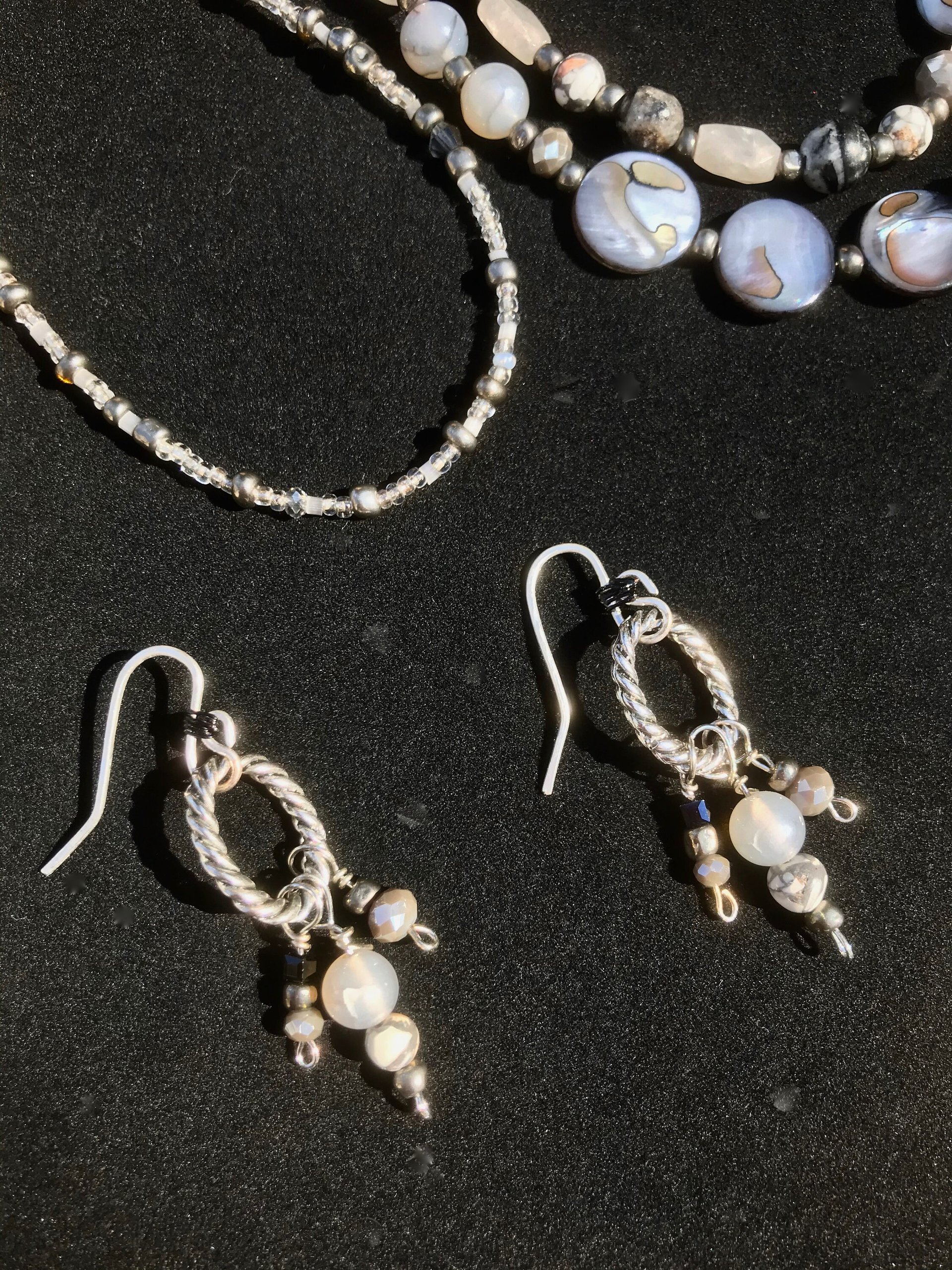Beaded Agate, Black Network, Shell, Marble, Crystal Necklace and Earring Set with Sterling Silver French Hooks and Pewter Oval Findings.