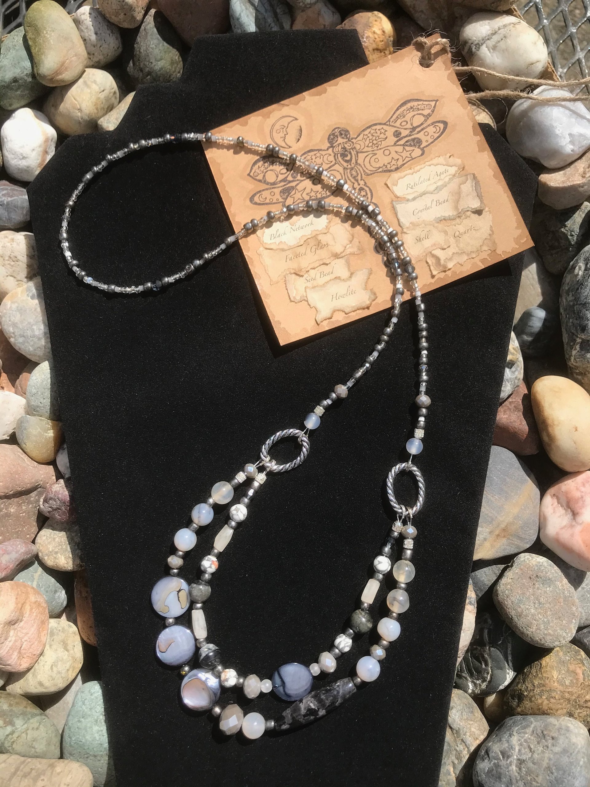 Beaded Agate, Black Network, Shell, Marble, Crystal Necklace and Earring Set with Sterling Silver French Hooks and Pewter Oval Findings.