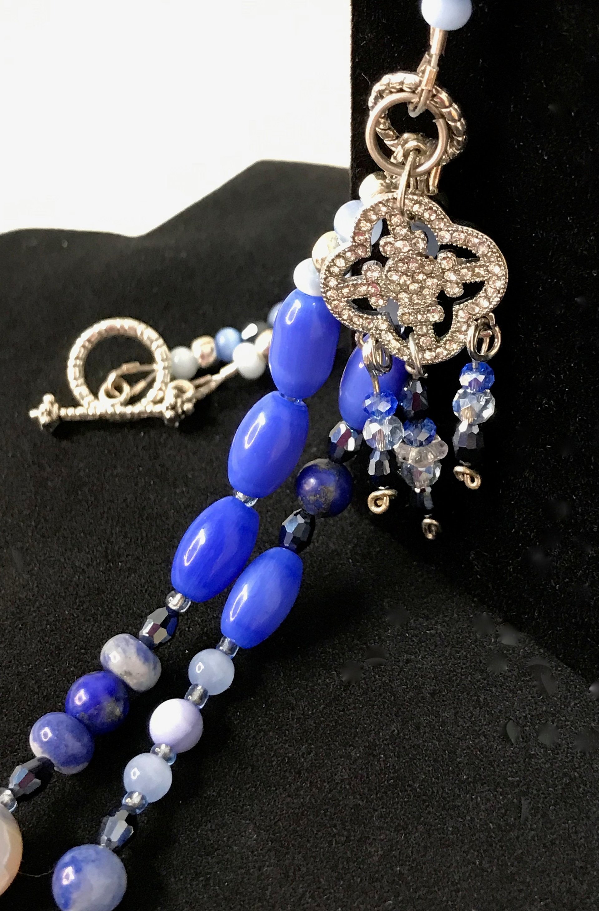 Summers Evening Shimmering Charm Necklace in Blue Shades of Crackle Agate, Sodalite, Lapis, Mother of Pearl, Cat's Eye, Faceted Glass Beads